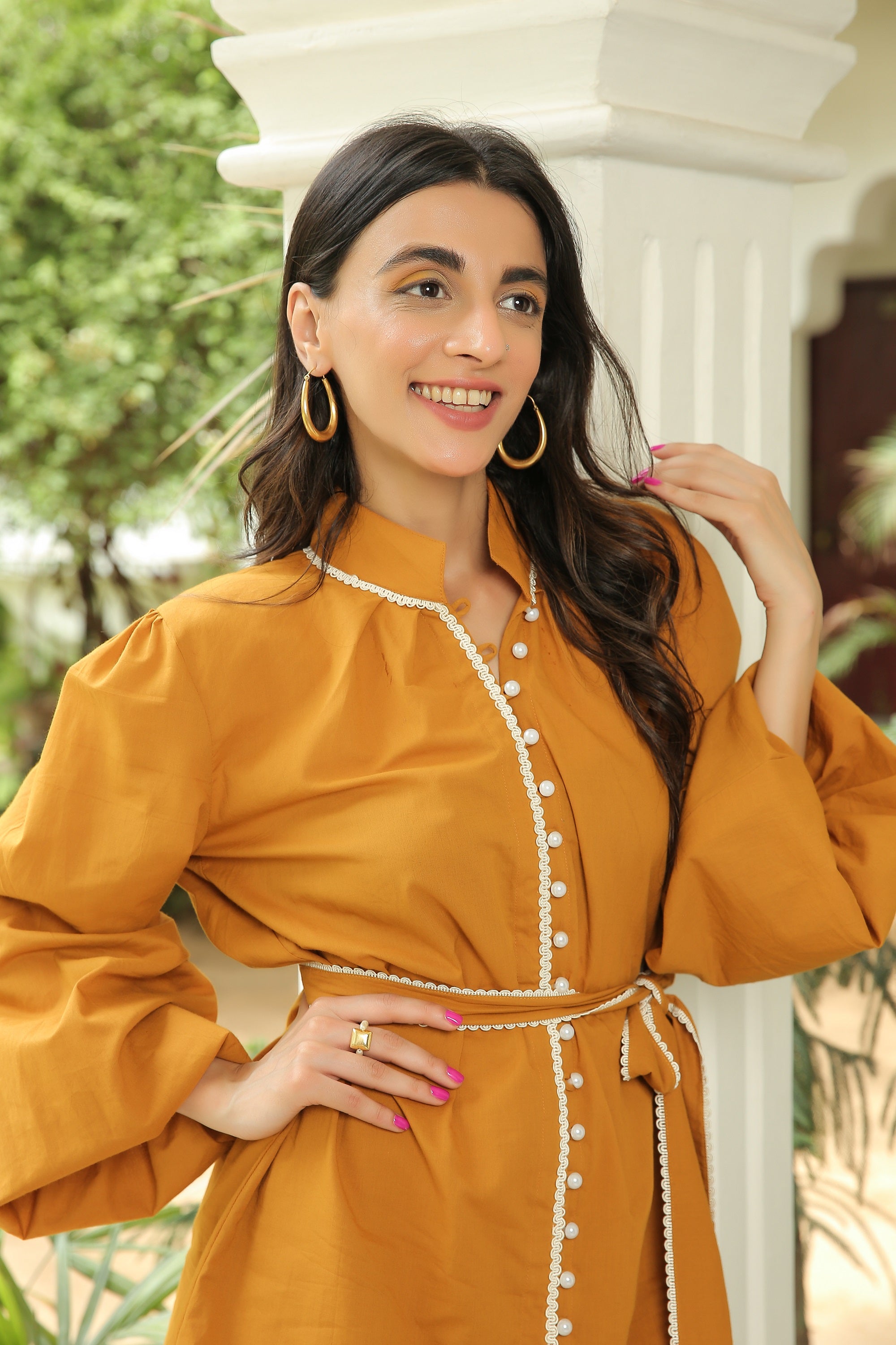 Mustard Yellow Summer Relaxed Top With Waist Belt - Kaoribyshreya
