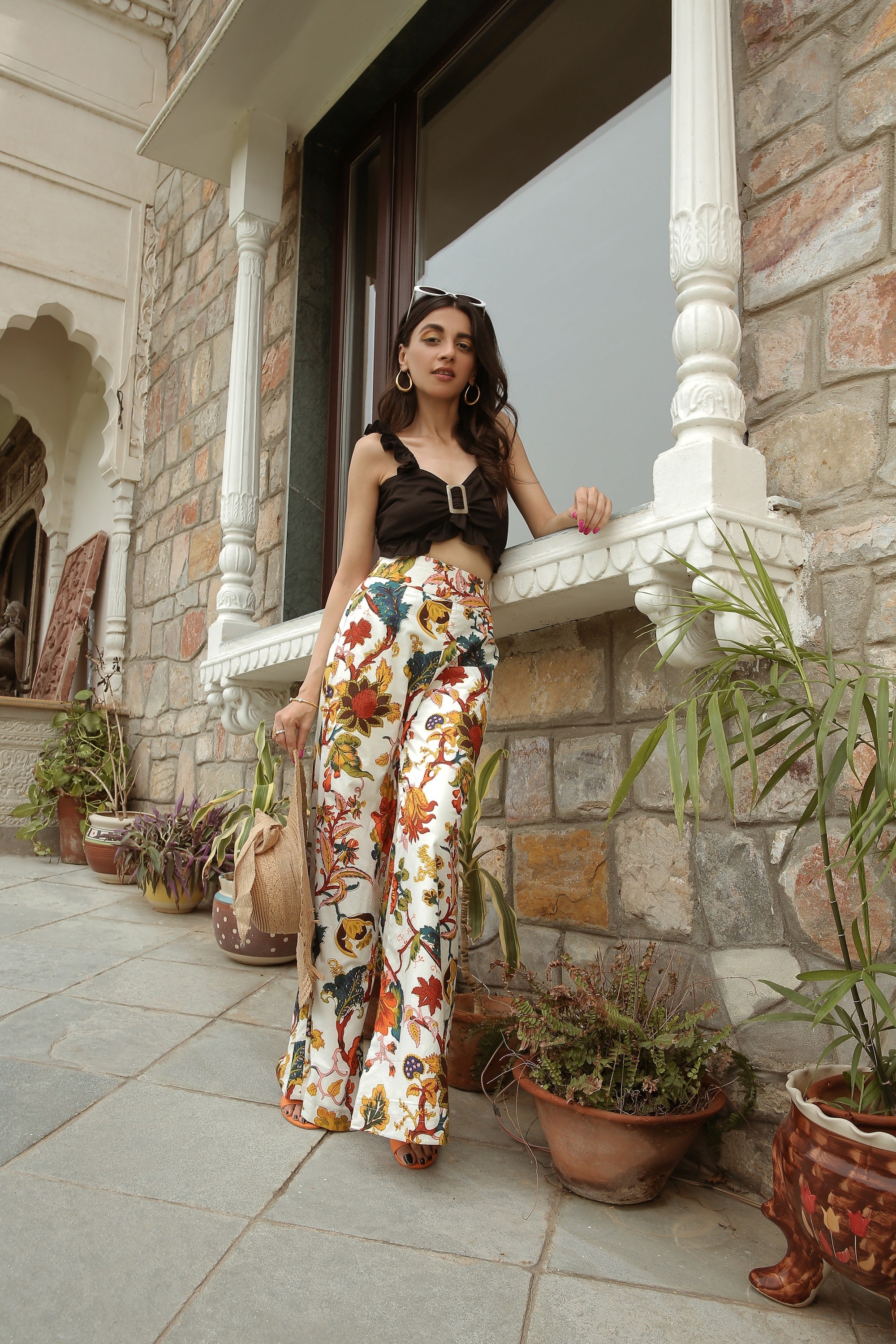 SWEETHEART NECK RUFFLED JET BLACK TOP WITH FLARED PANTS