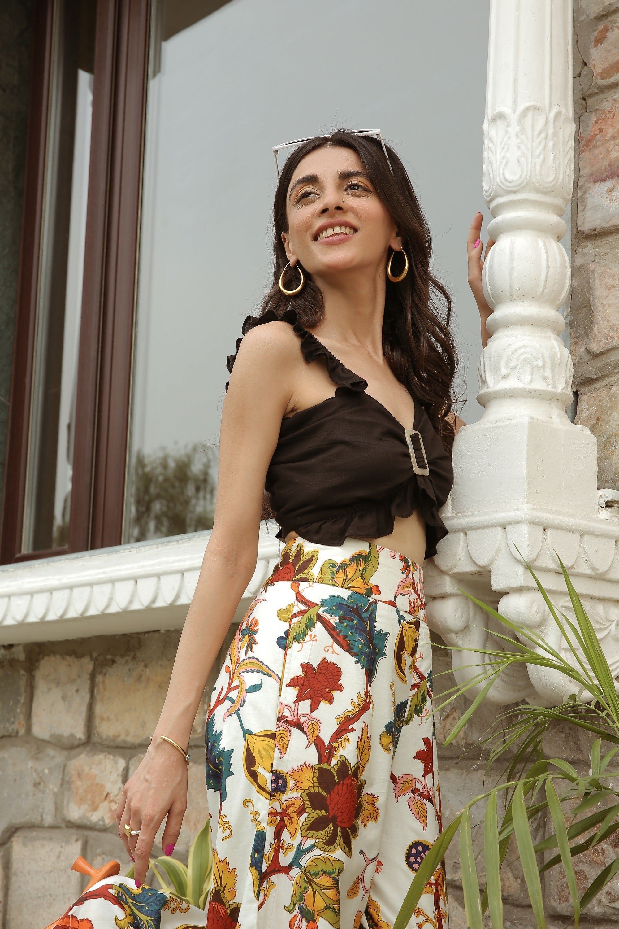 SWEETHEART NECK RUFFLED JET BLACK TOP WITH FLARED PANTS