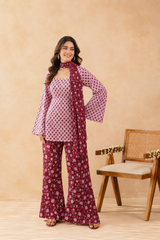 Pink Floral Bell Sleeve Kurta Set