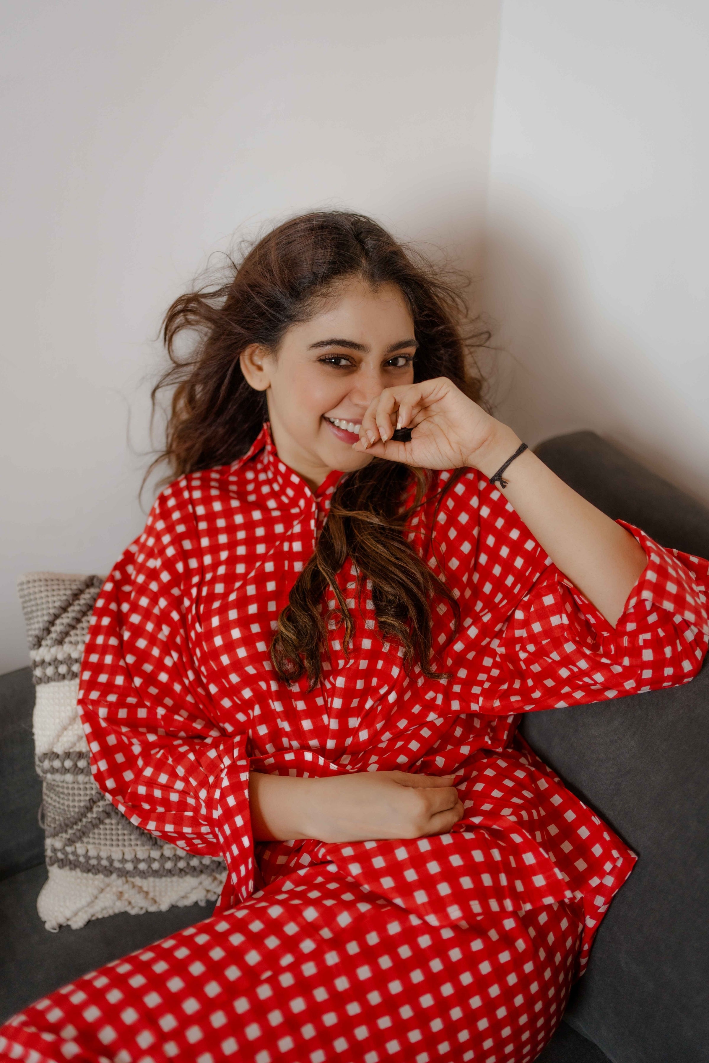 Red Gingham Printed Western Cord-Set Relaxed Shirt and Pant - Kaoribyshreya