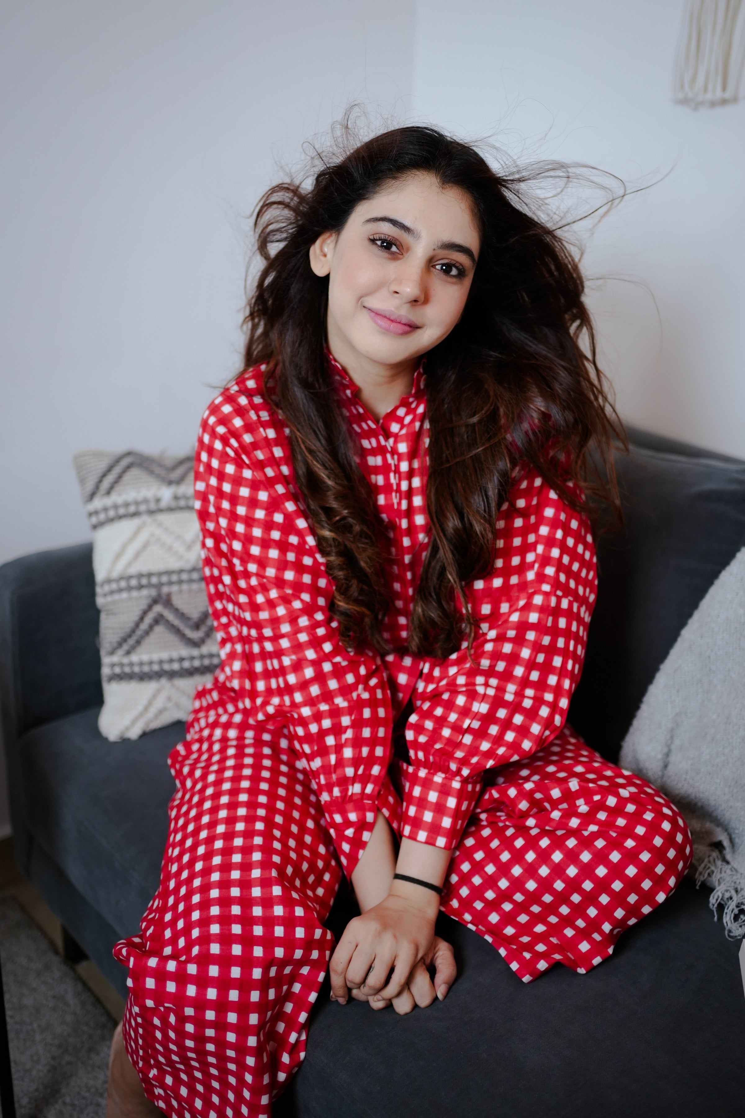 Red Gingham Printed Western Cord-Set Relaxed Shirt and Pant - Kaoribyshreya