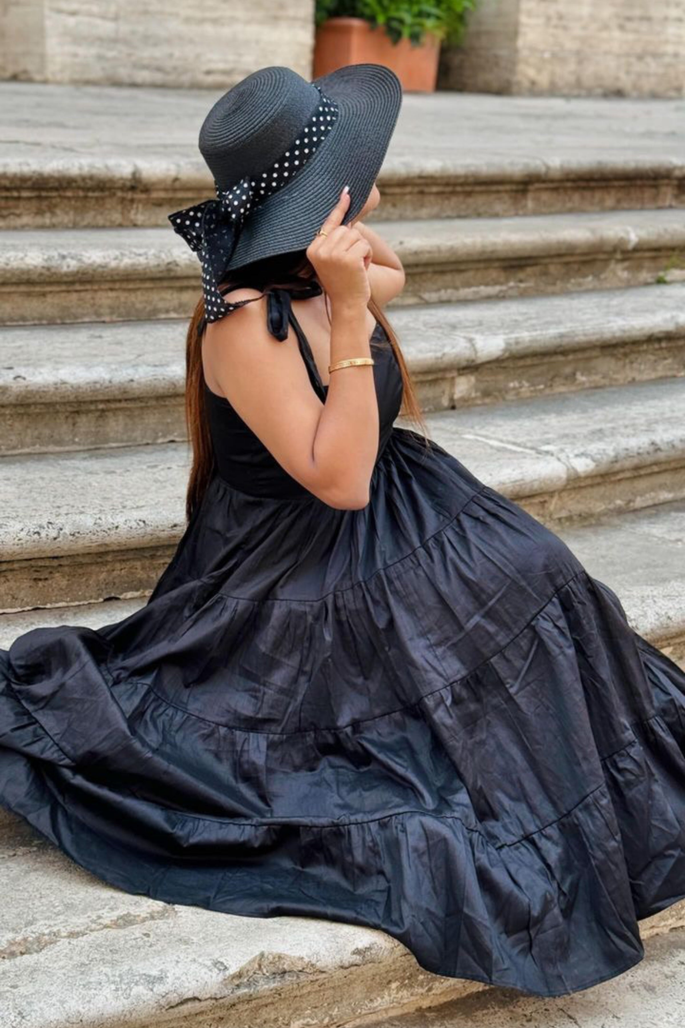 Black Solid Bust Fitted Skater Midi Dress - Kaoribyshreya