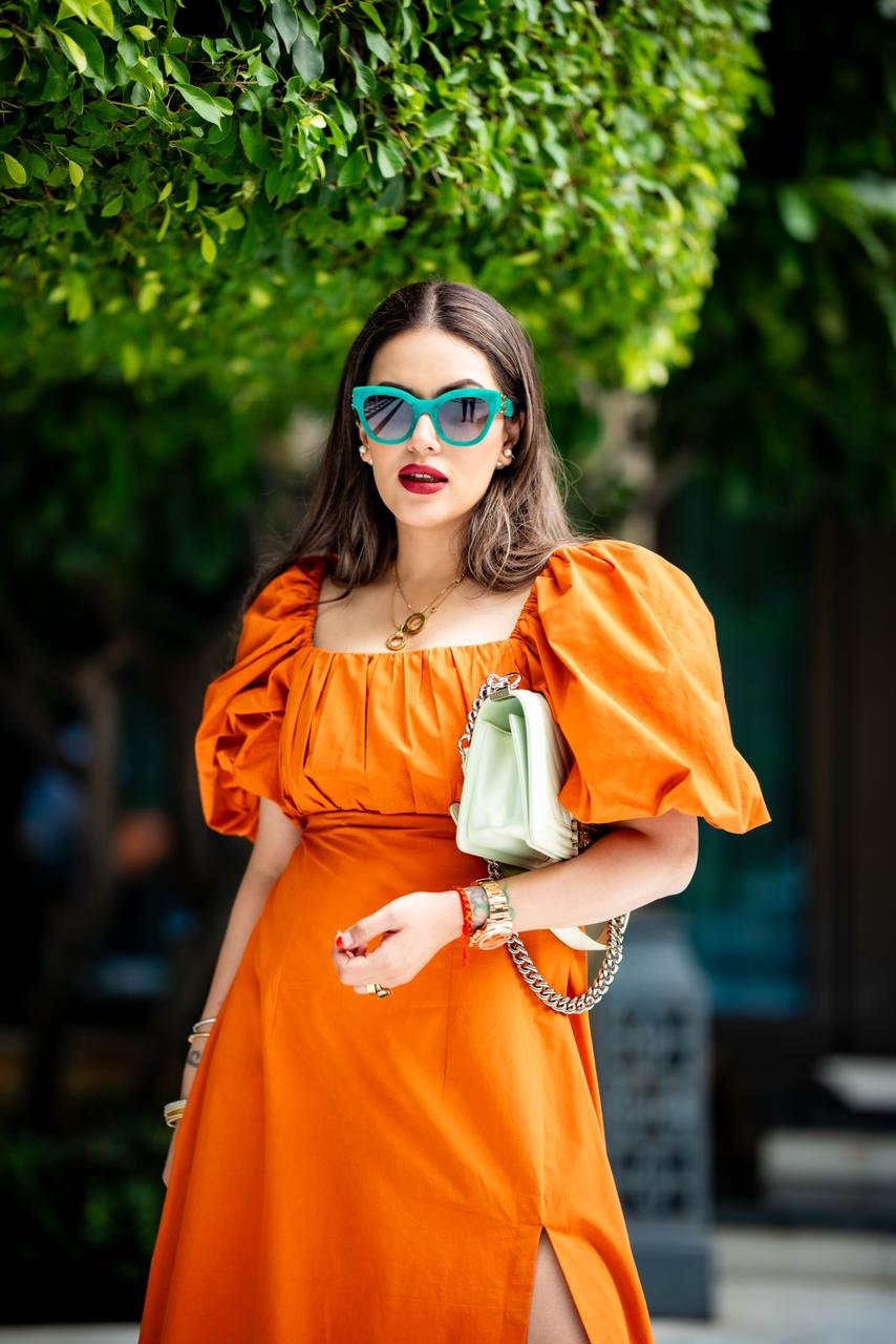 Burnt Orange Puff Front Shift Dress With Side Slit - Kaoribyshreya