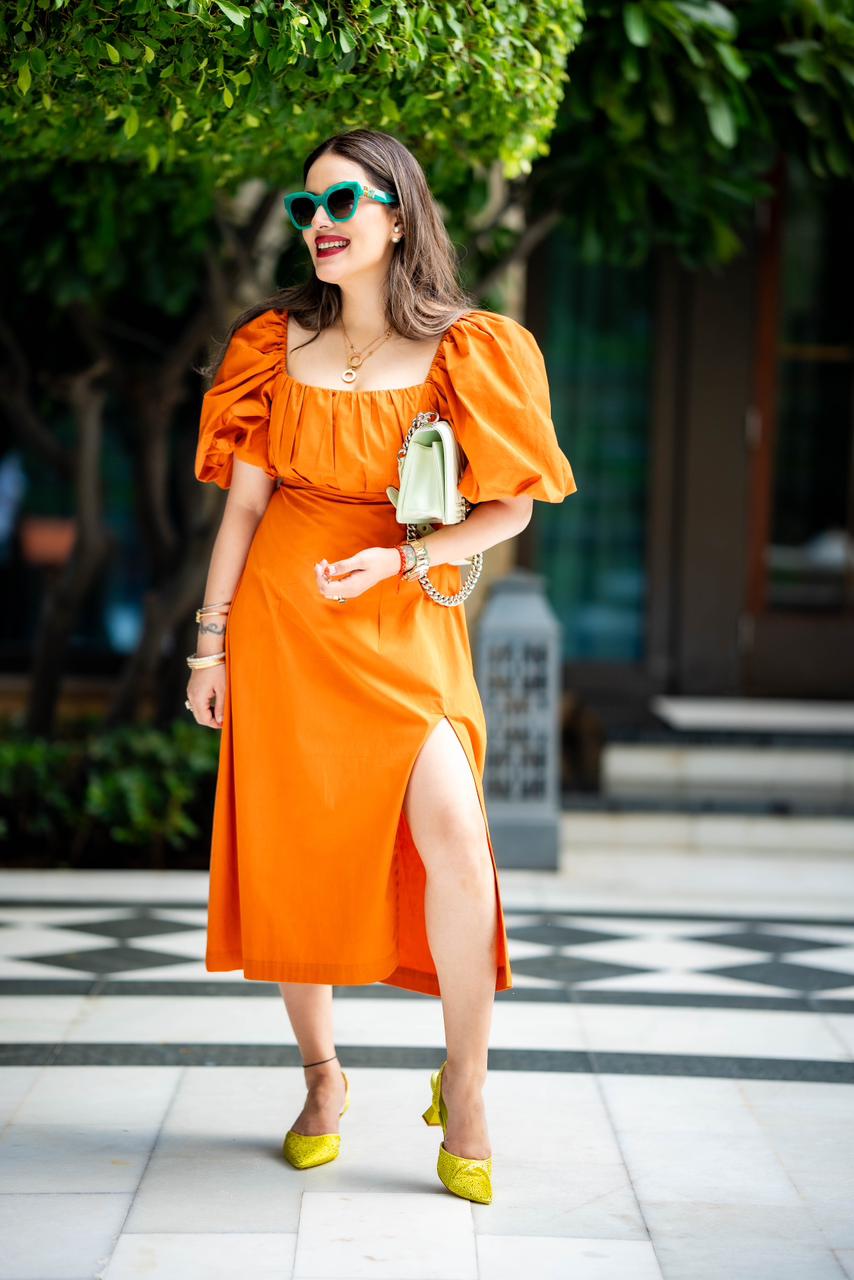 Burnt Orange Puff Front Shift Dress With Side Slit - Kaoribyshreya