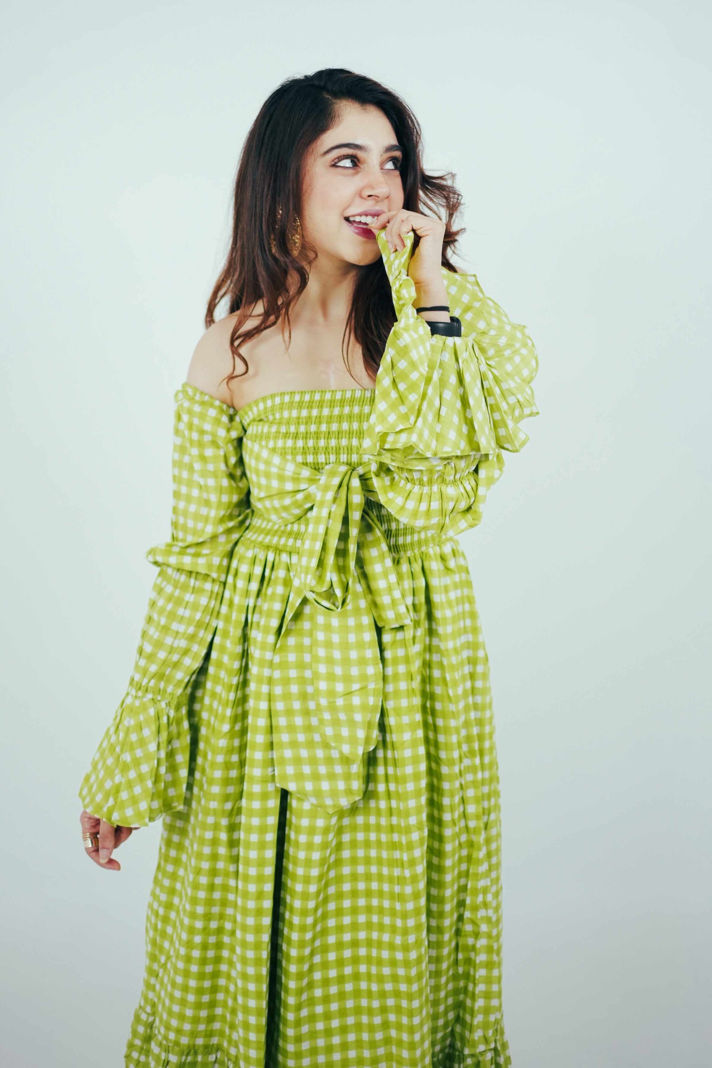 Green Checks 3 Way Styling Volume Sleeves Midi Dress - Kaoribyshreya