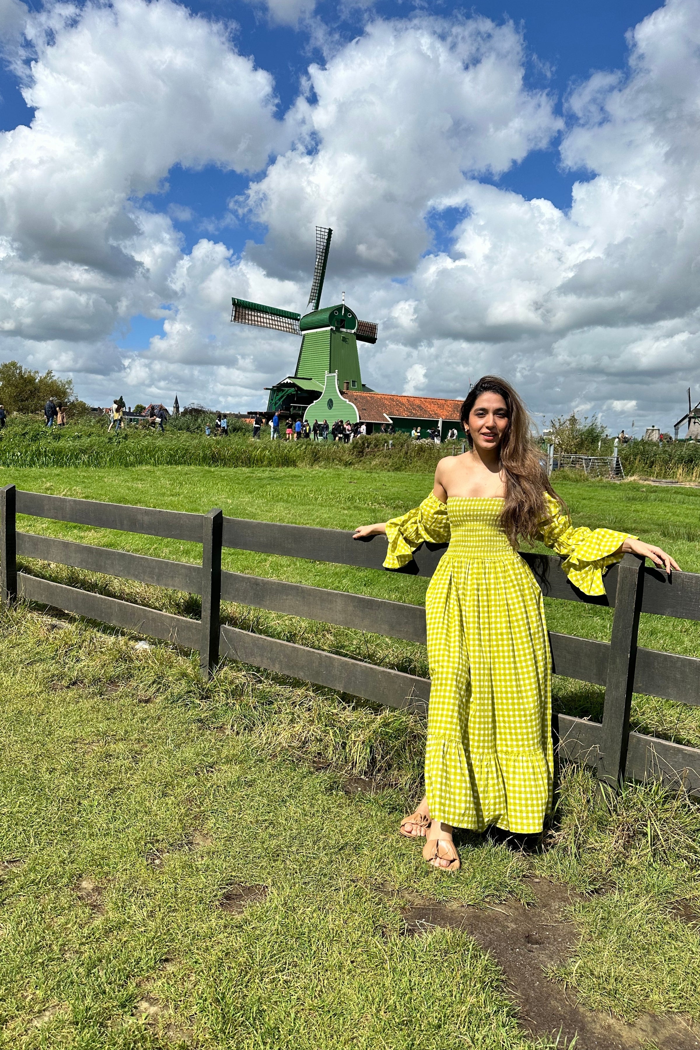 Green Checks 3 Way Styling Volume Sleeves Midi Dress - Kaoribyshreya