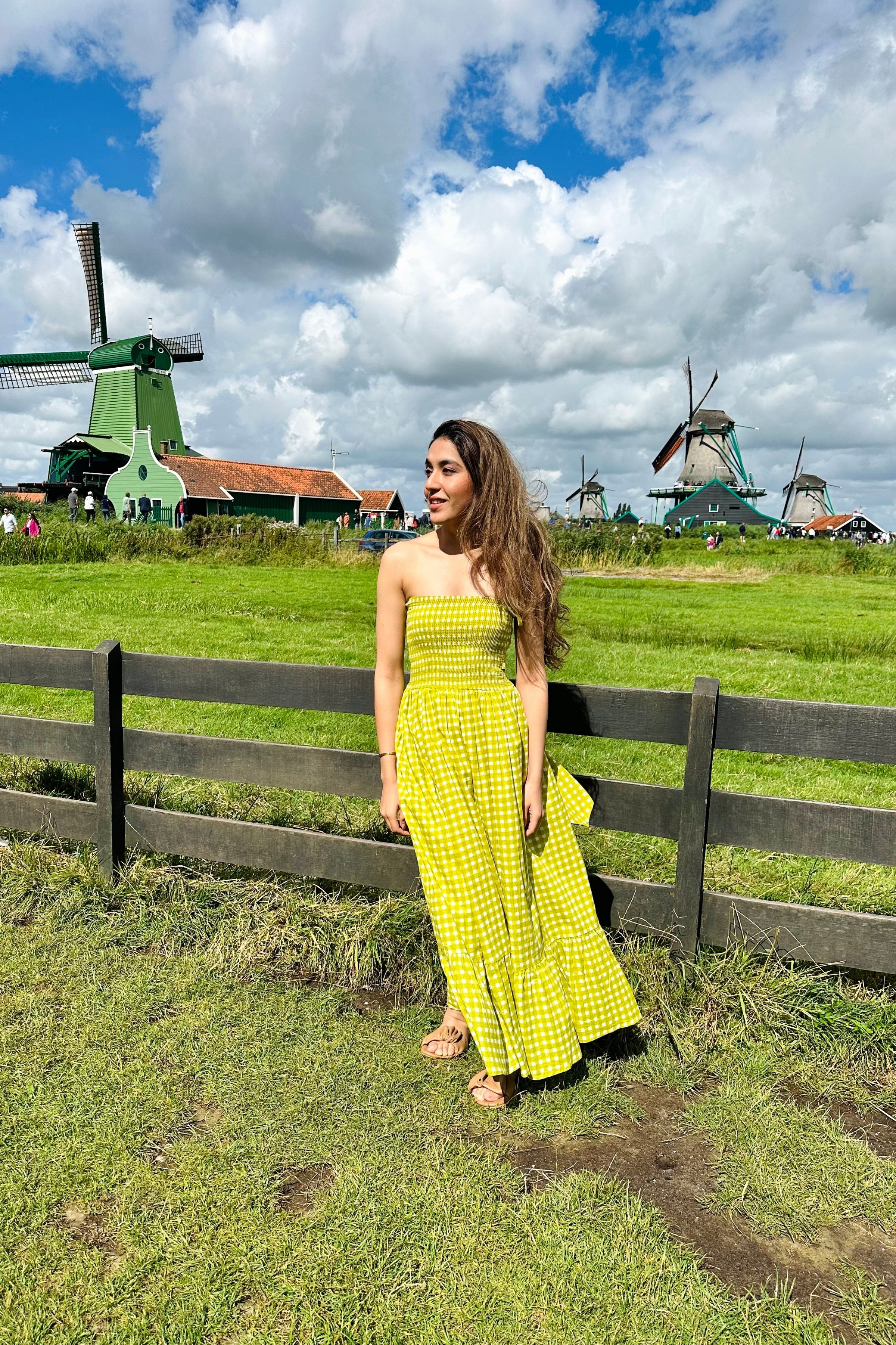 Green Checks 3 Way Styling Volume Sleeves Midi Dress - Kaoribyshreya