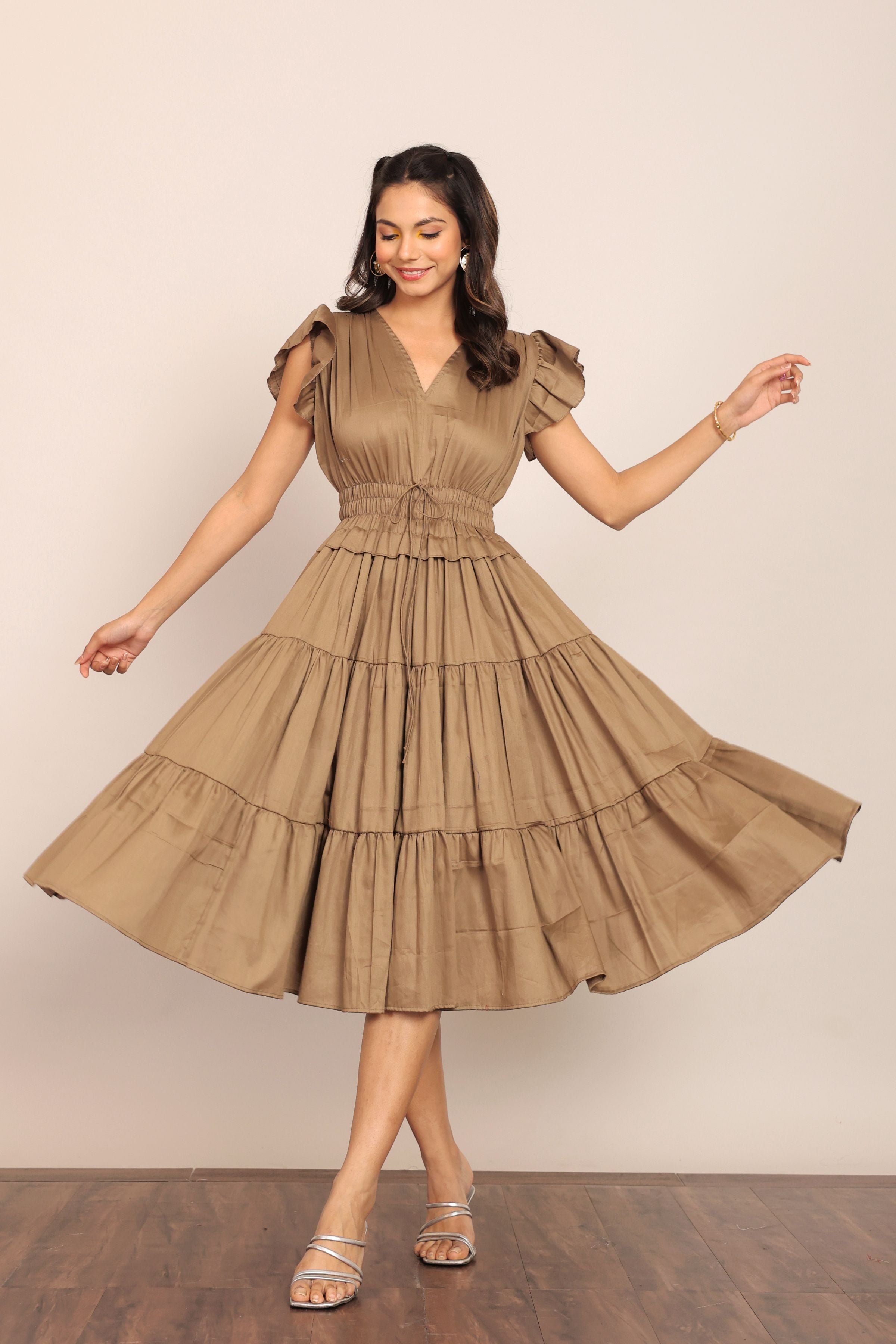 Solid Khaki Green Bust Fitted Skater Midi Dress - Kaoribyshreya