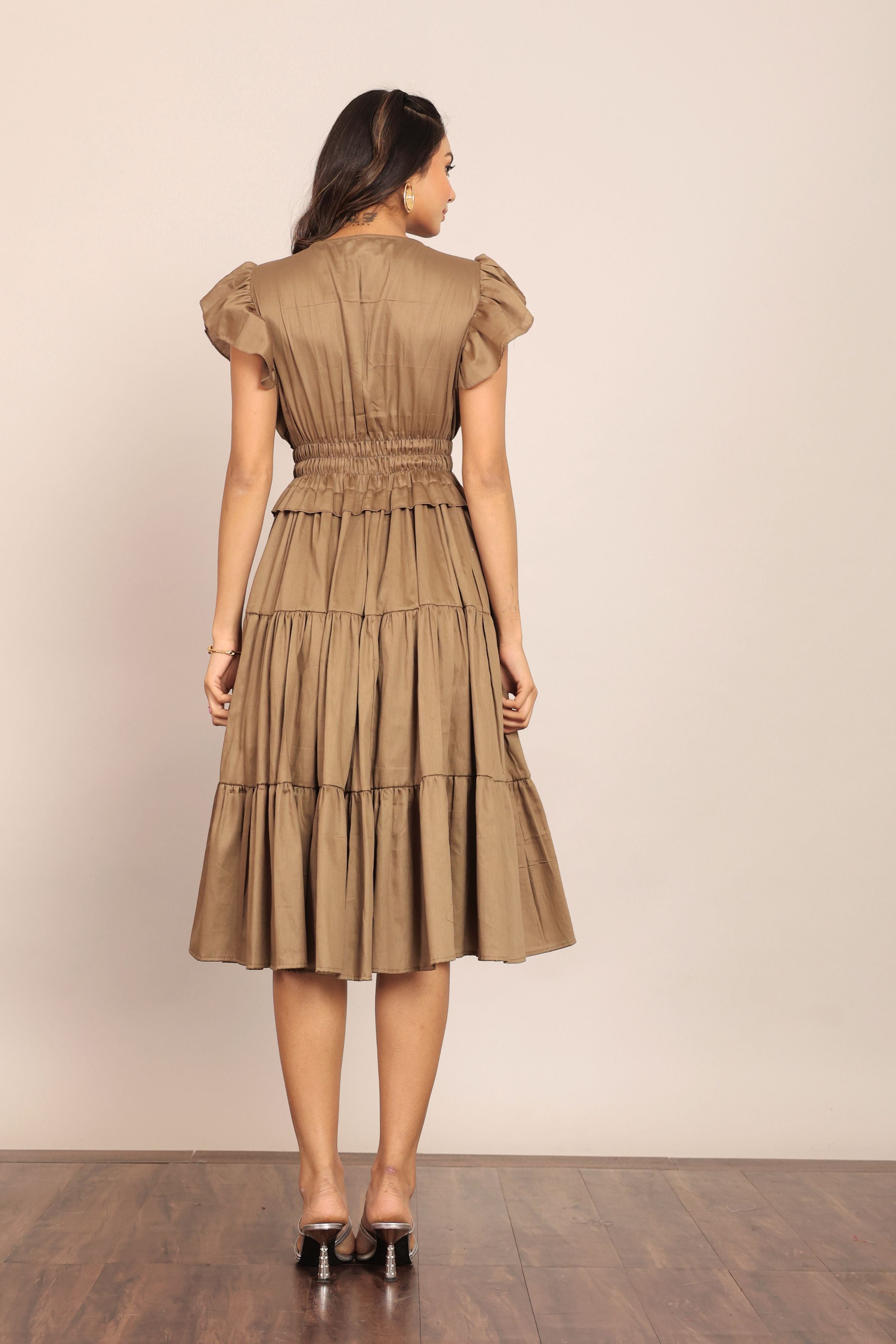 Solid Khaki Green Bust Fitted Skater Midi Dress - Kaoribyshreya