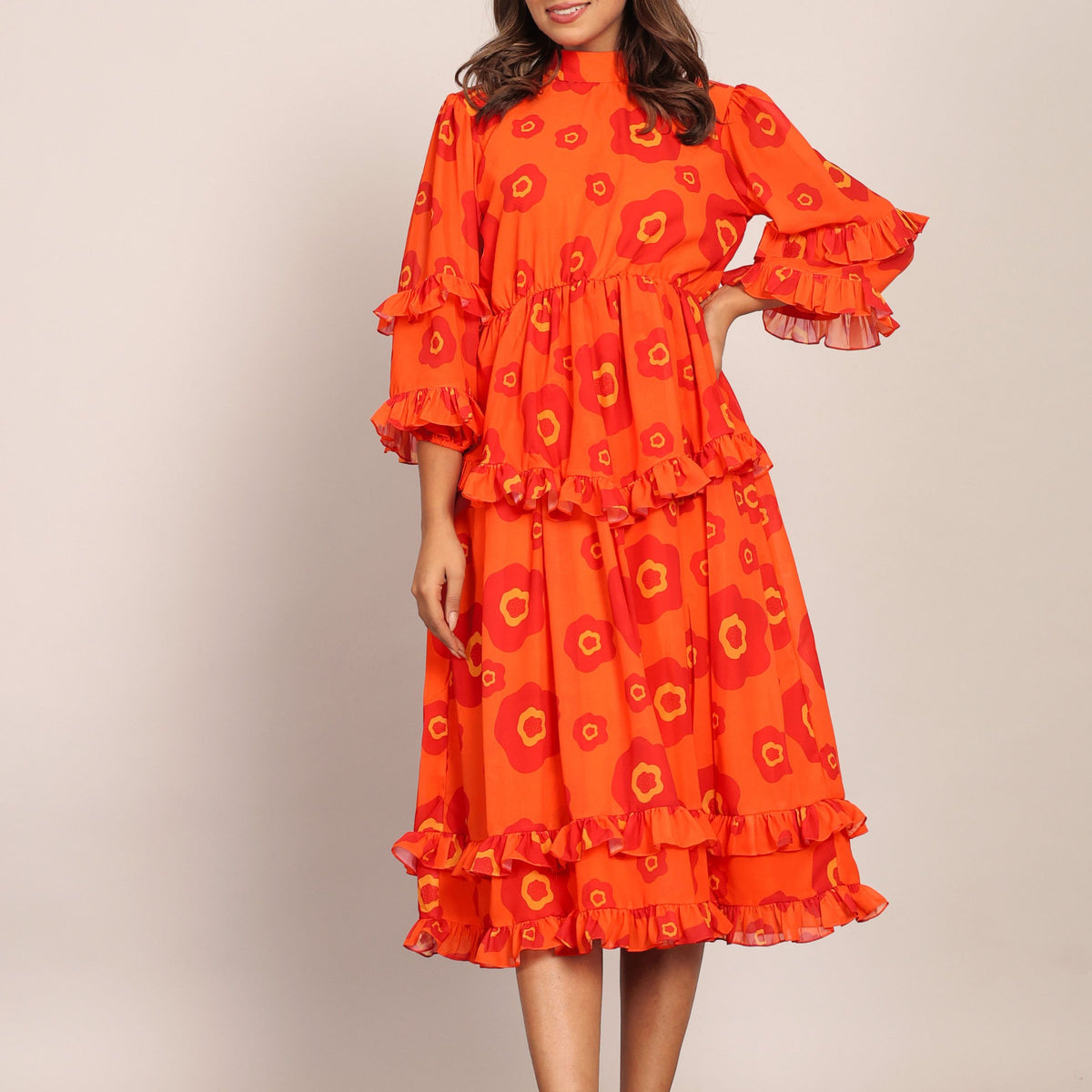 Orange and Red Floral Summer Midi Dress