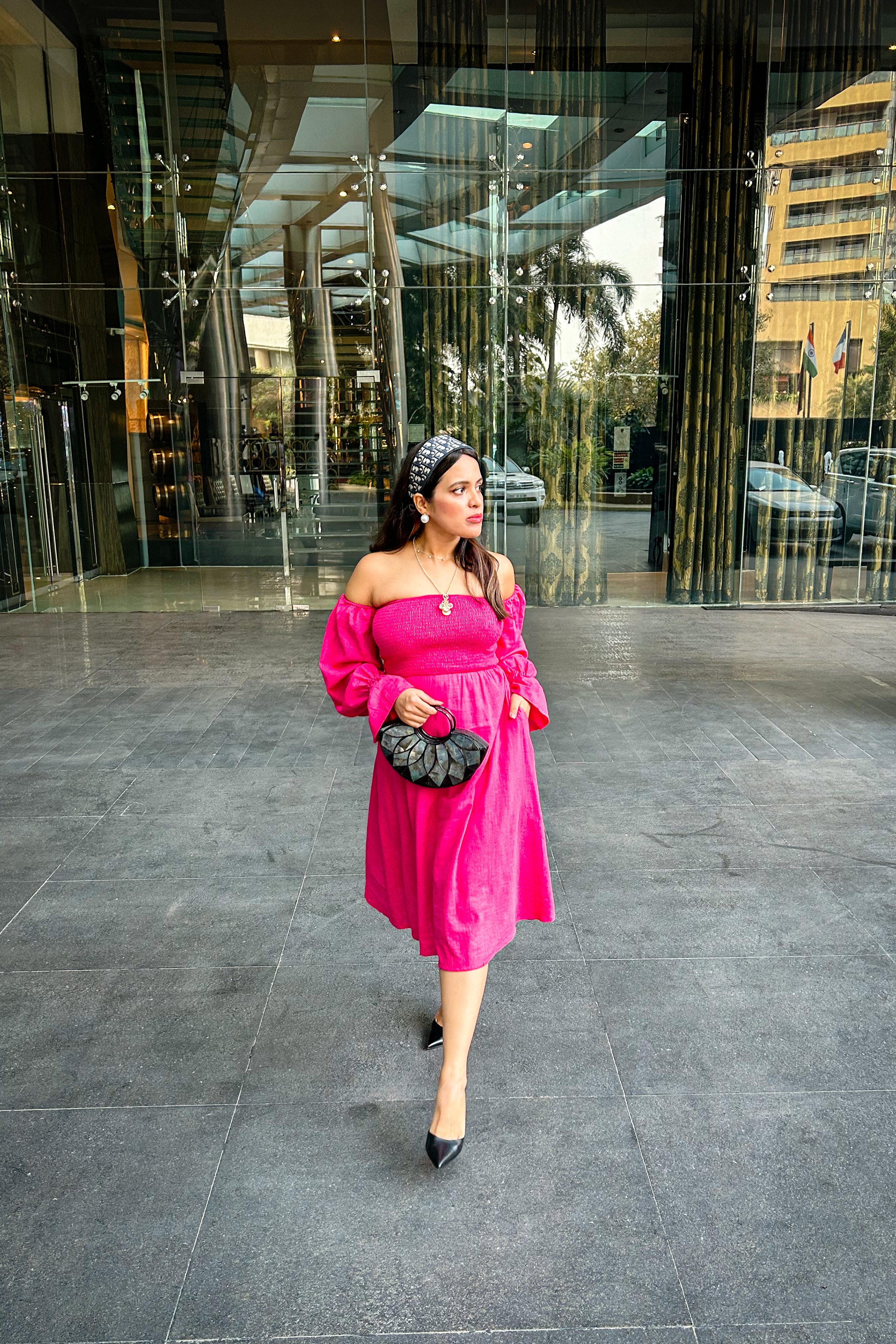 Hot Pink Off Shoulder Smoke Dress - Kaoribyshreya