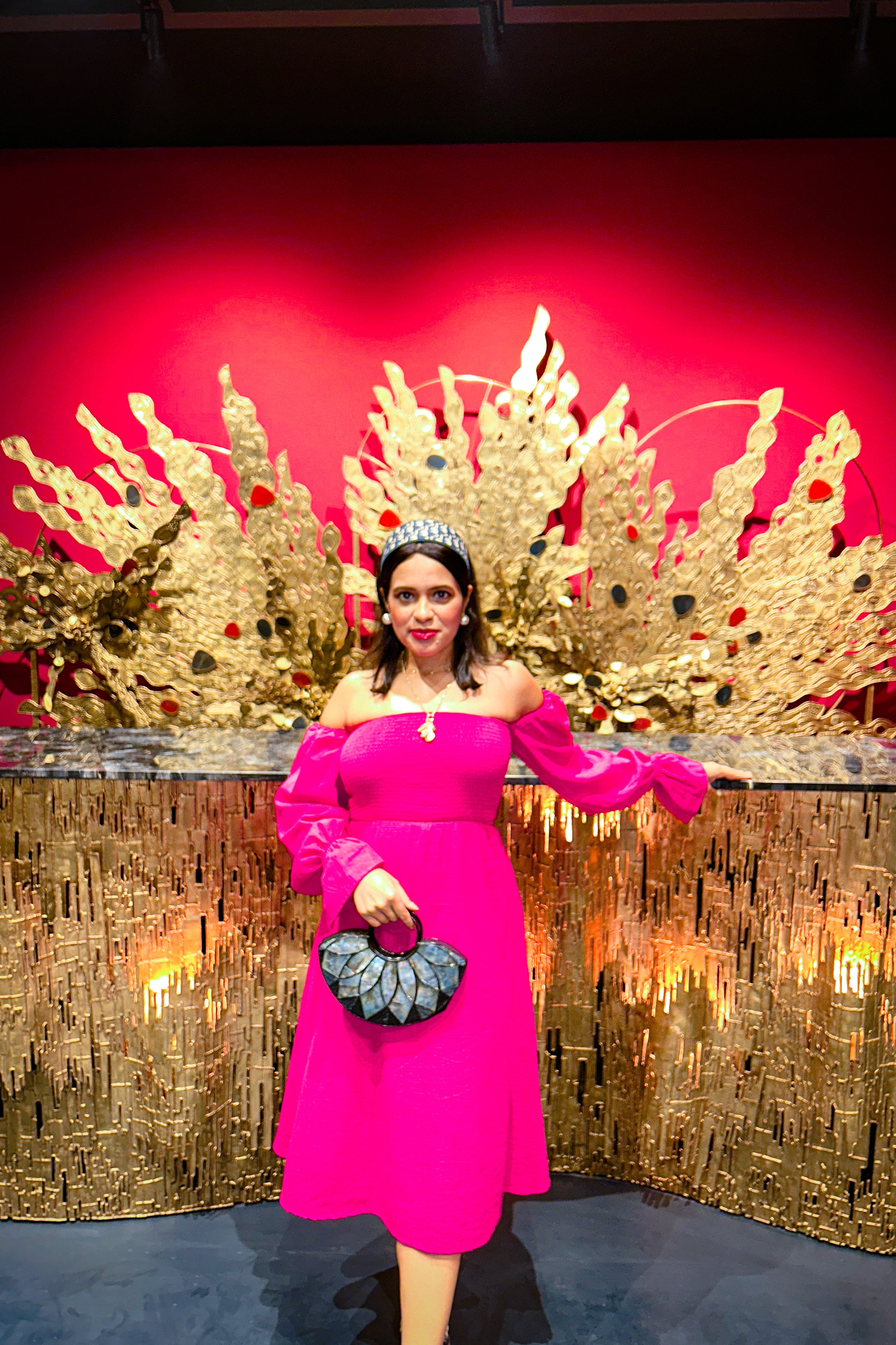 Hot Pink Off Shoulder Smoke Dress - Kaoribyshreya