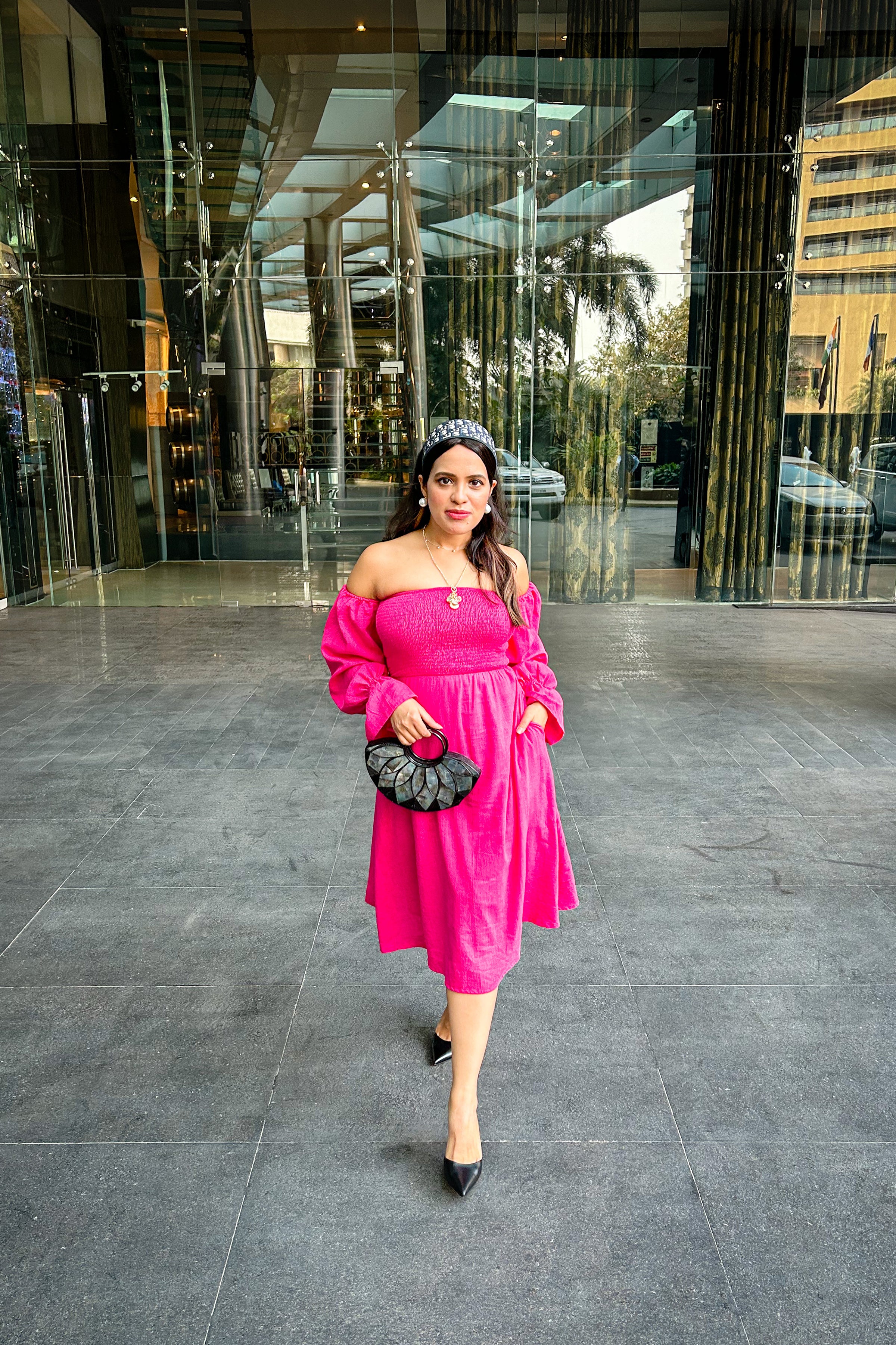 Hot Pink Off Shoulder Smoke Dress - Kaoribyshreya