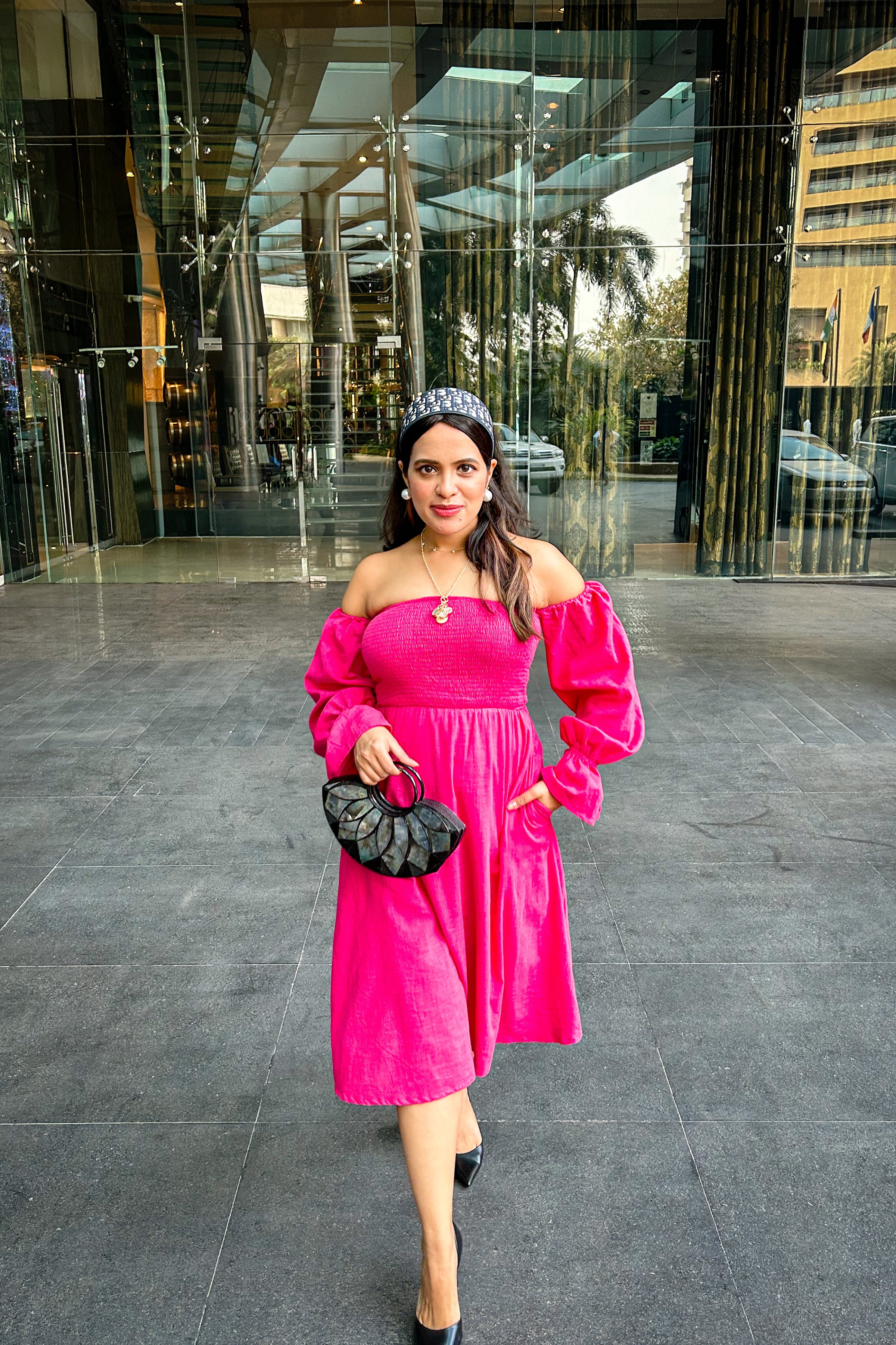 Hot Pink Off Shoulder Smoke Dress - Kaoribyshreya