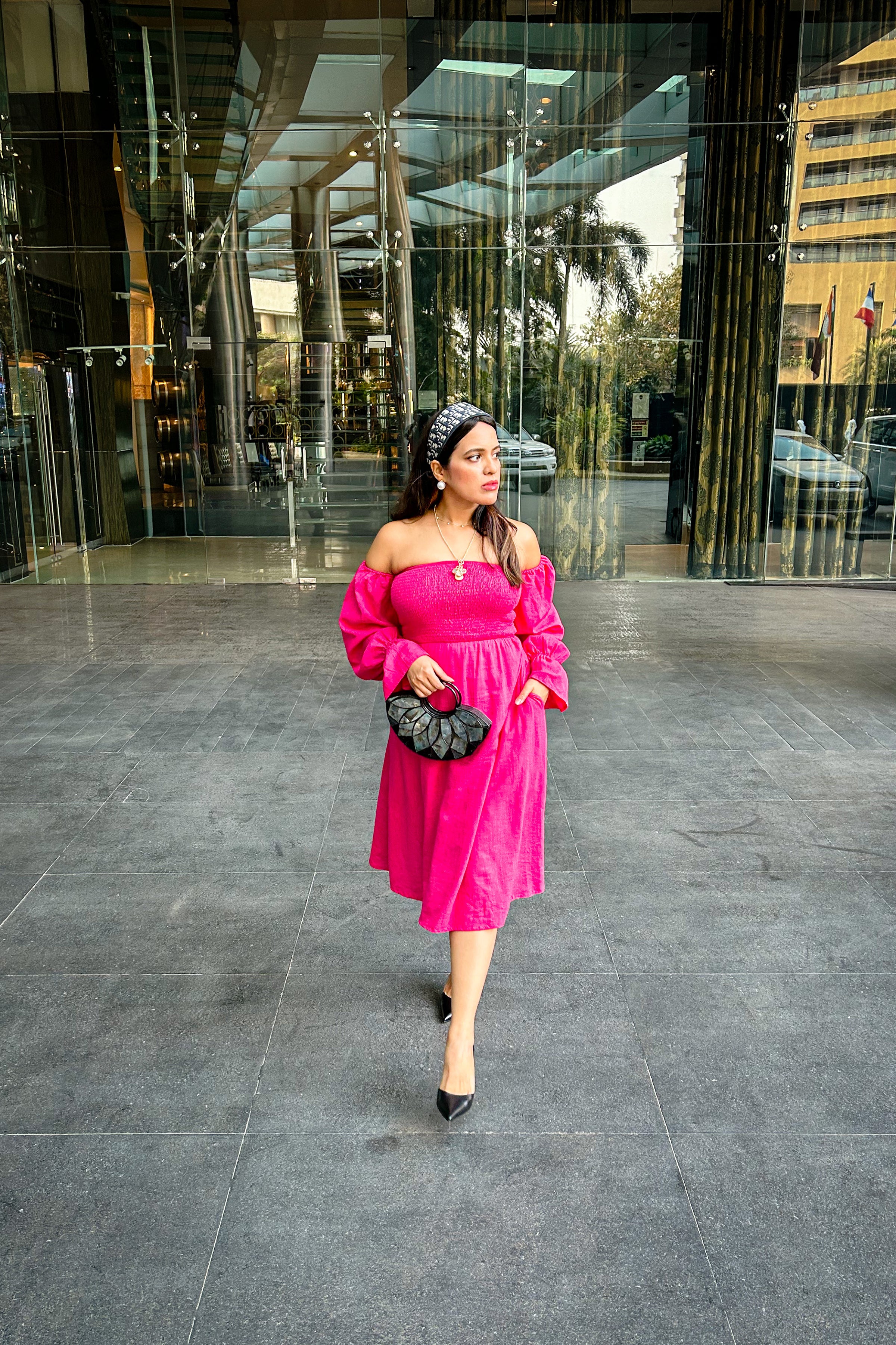 Hot Pink Off Shoulder Smoke Dress - Kaoribyshreya