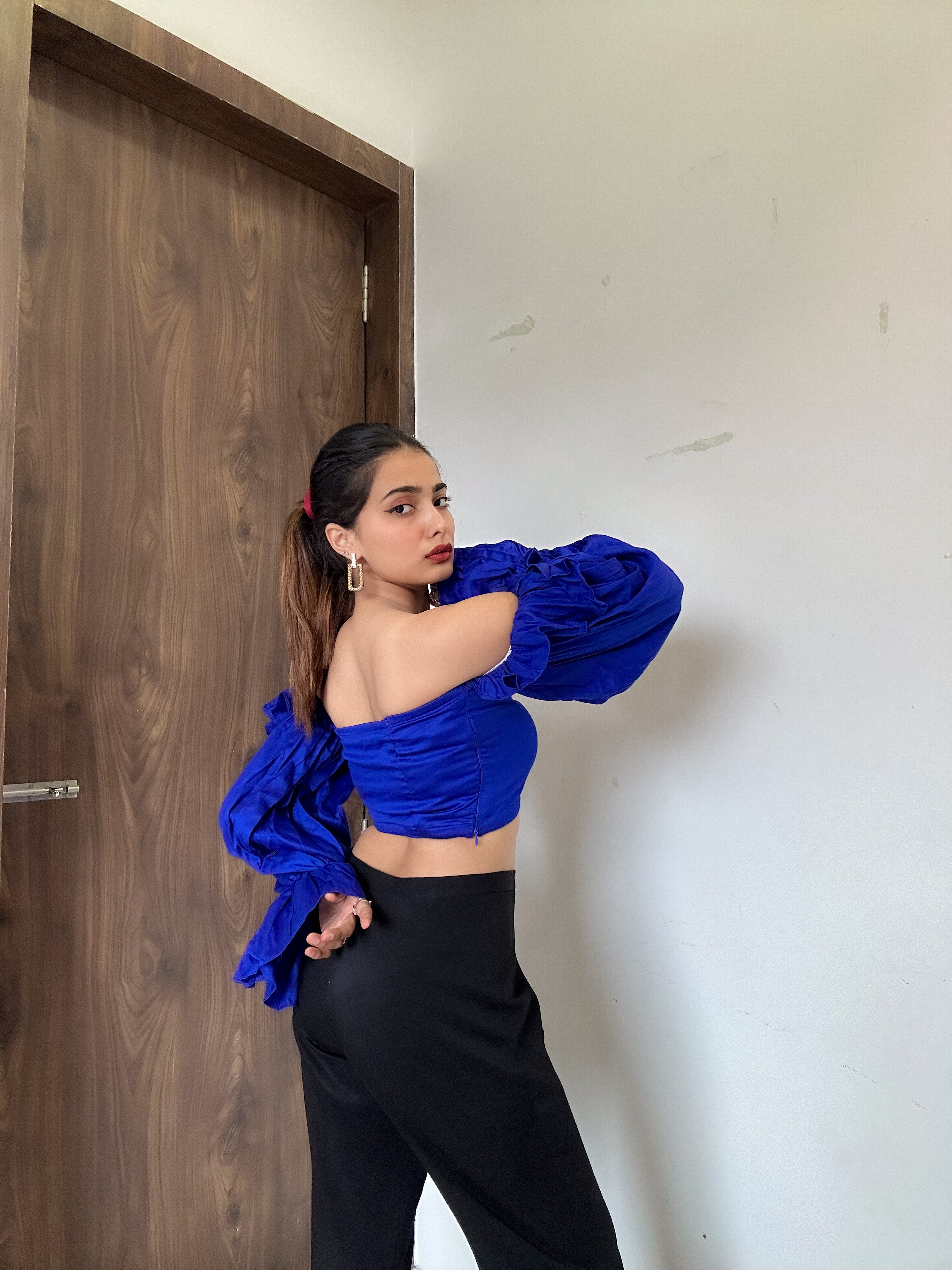 Electric Blue Off Shoulder Ruffle Sleeve Top - Kaoribyshreya