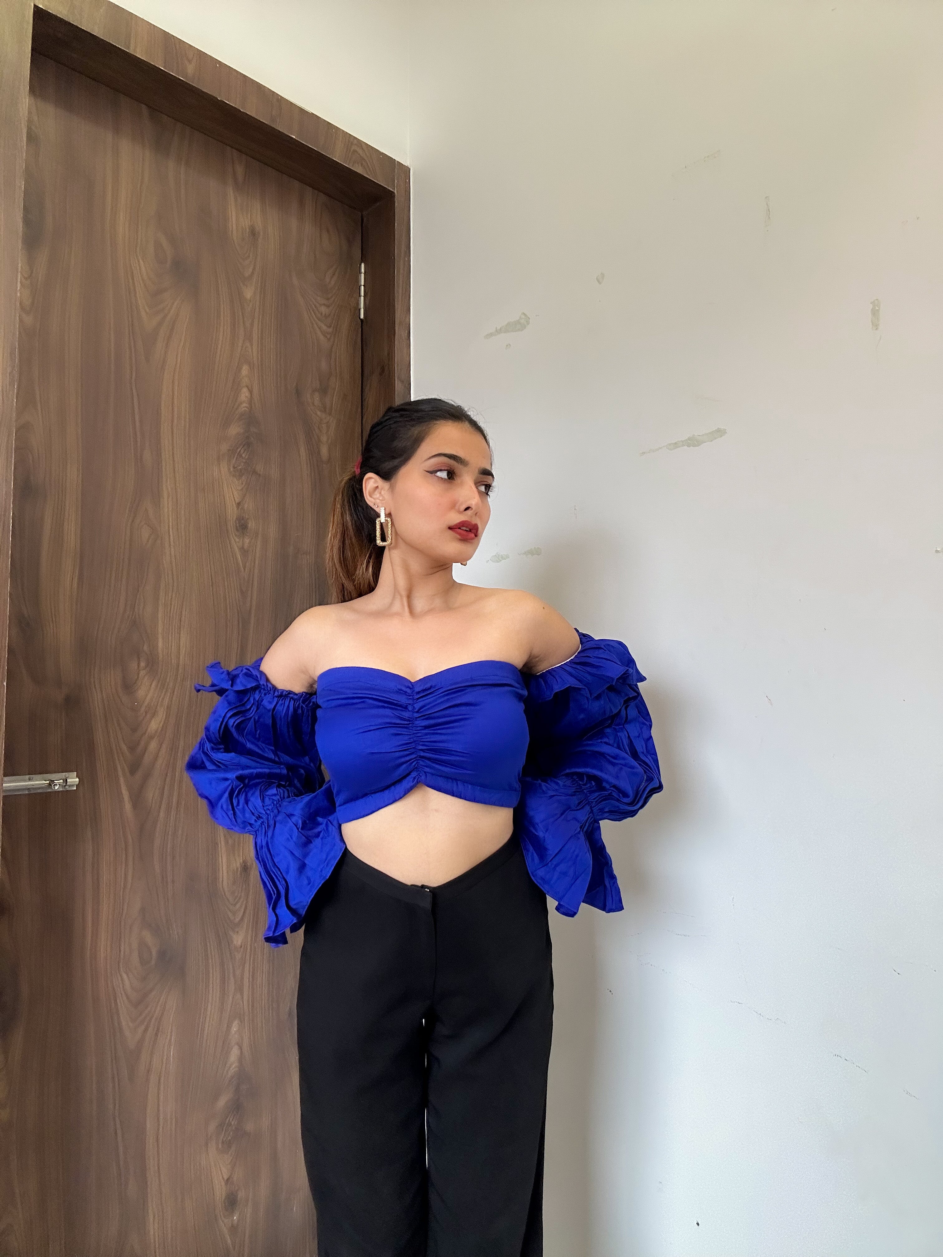 Electric Blue Off Shoulder Ruffle Sleeve Top - Kaoribyshreya