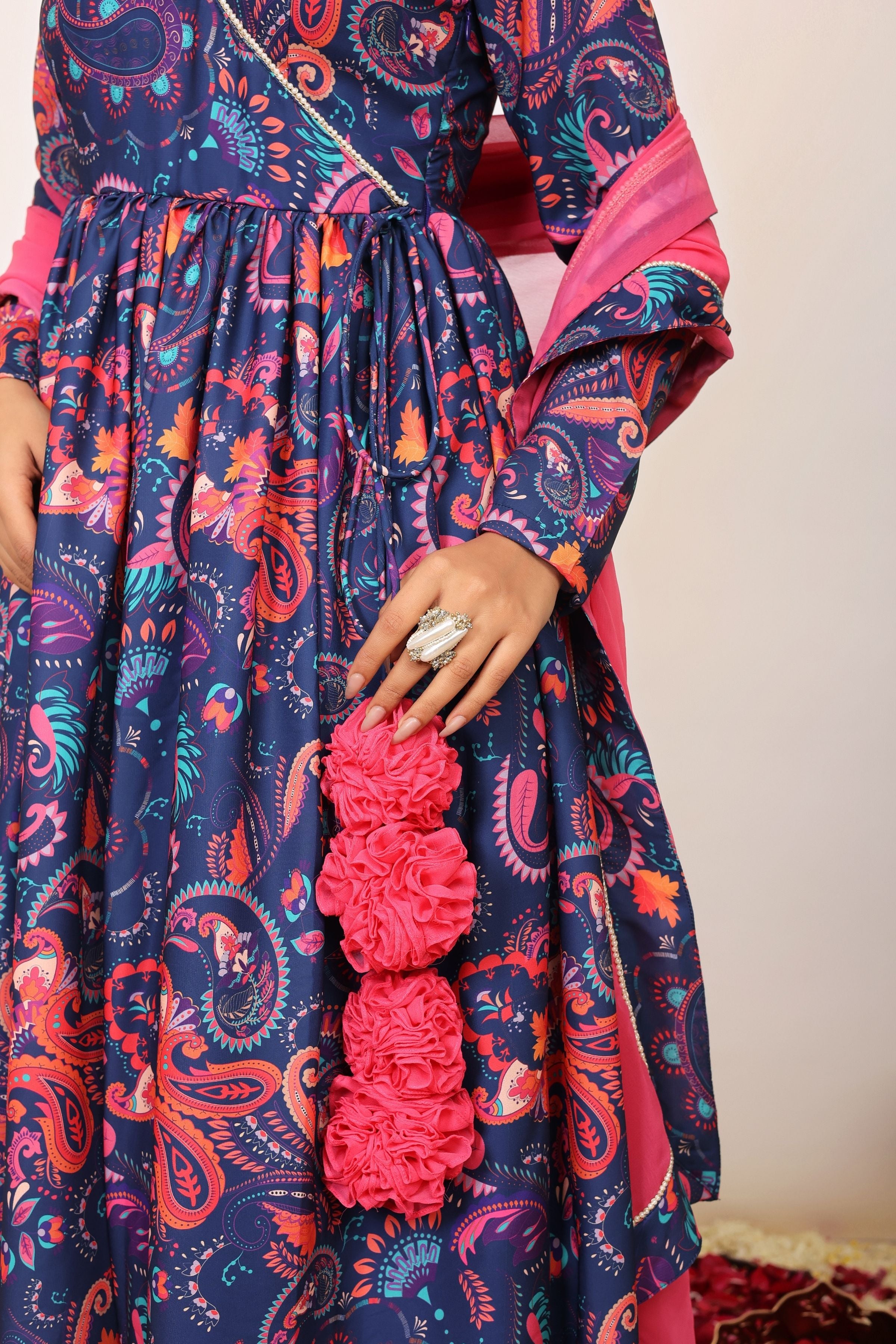 Floral Printed Multicolor Anarkali Kurta Set with V-Neckline Paired With Pant and Pink Dupatta - Kaoribyshreya