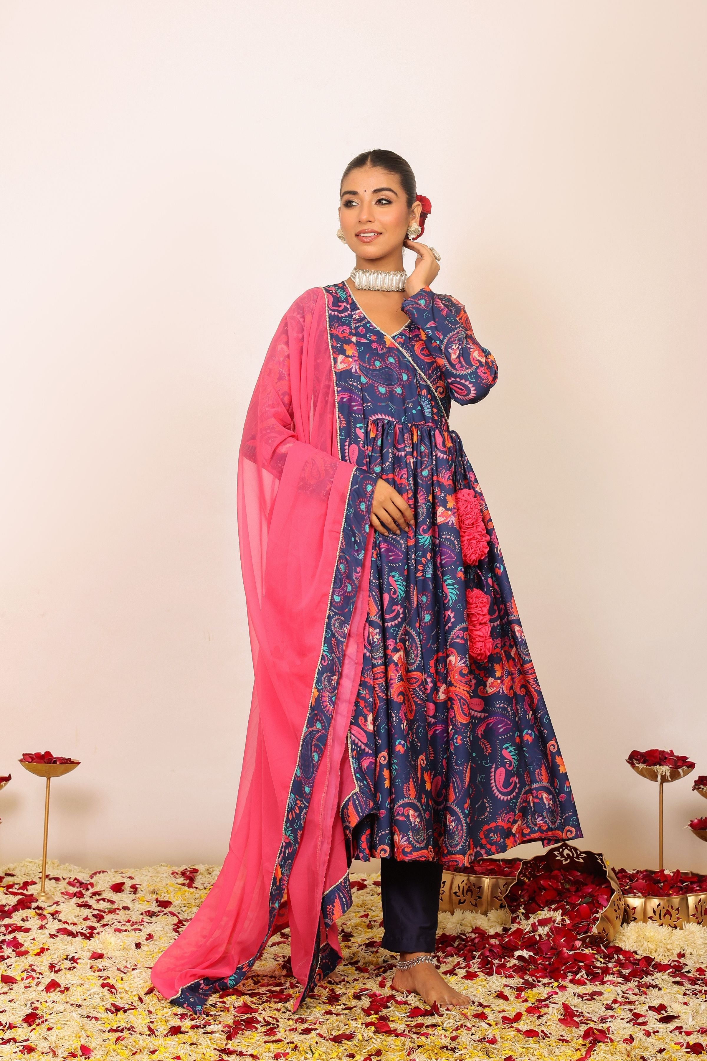 Floral Printed Multicolor Anarkali Kurta Set with V-Neckline Paired With Pant and Pink Dupatta - Kaoribyshreya