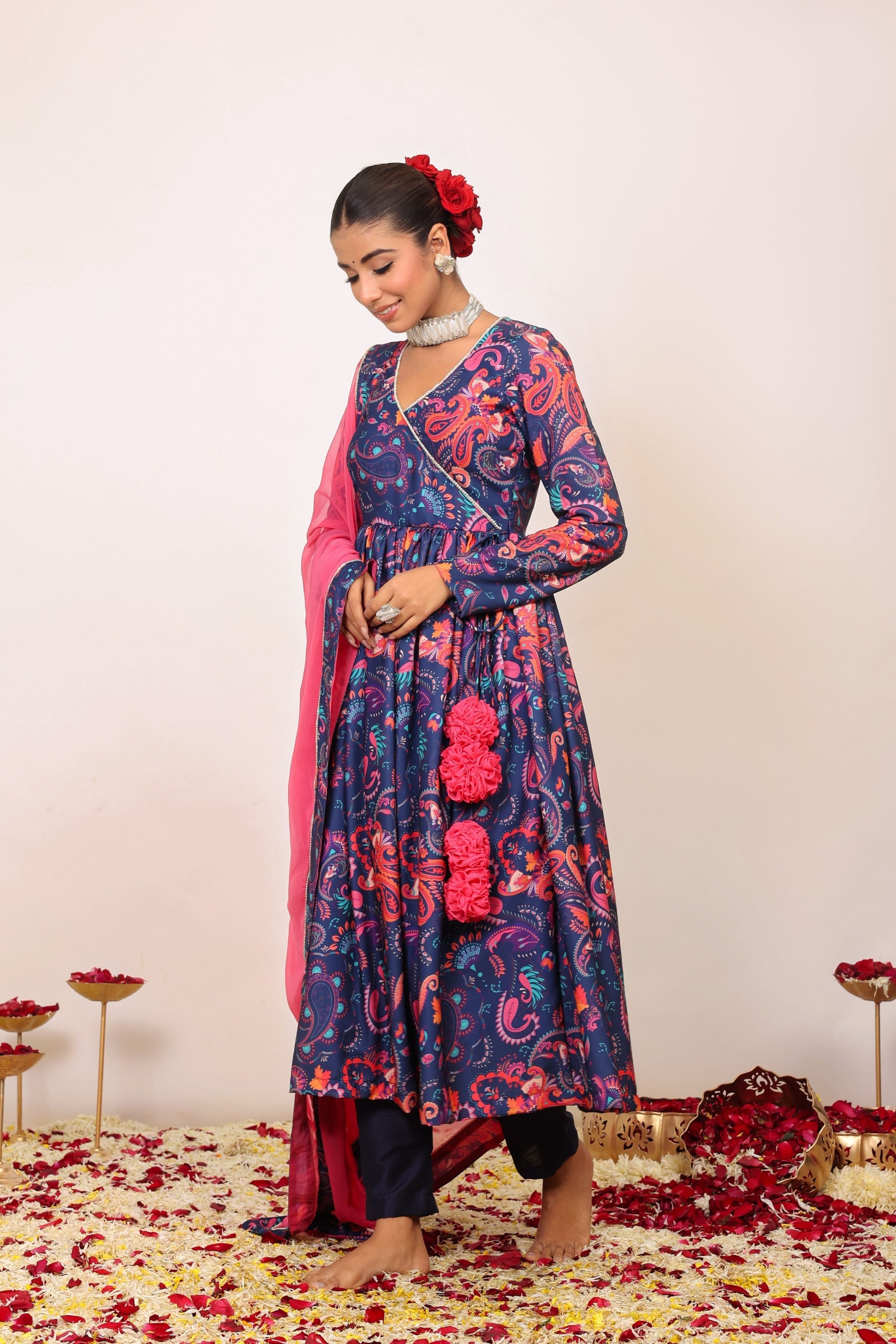 Floral Printed Multicolor Anarkali Kurta Set with V-Neckline Paired With Pant and Pink Dupatta - Kaoribyshreya