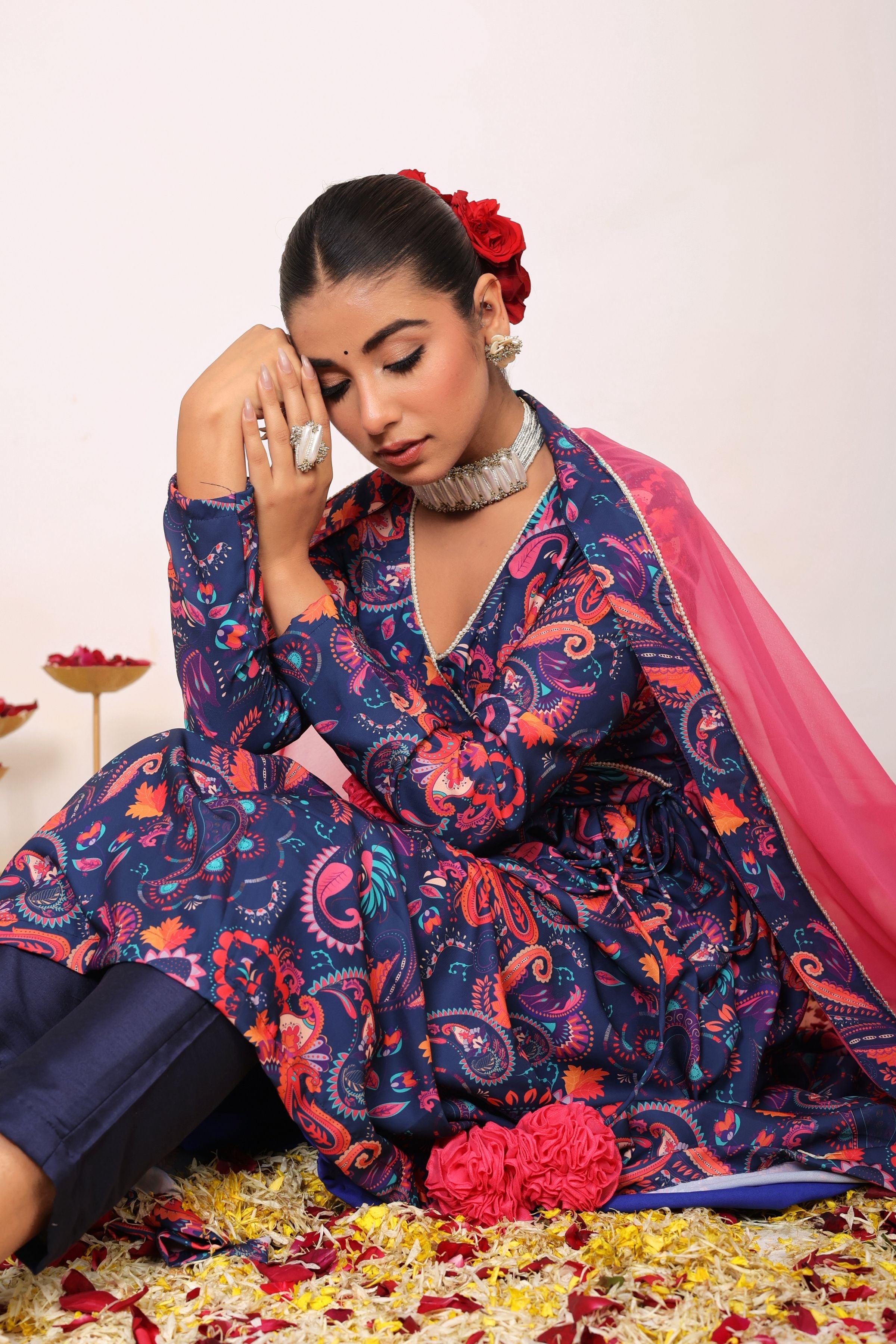 Floral Printed Multicolor Anarkali Kurta Set with V-Neckline Paired With Pant and Pink Dupatta - Kaoribyshreya