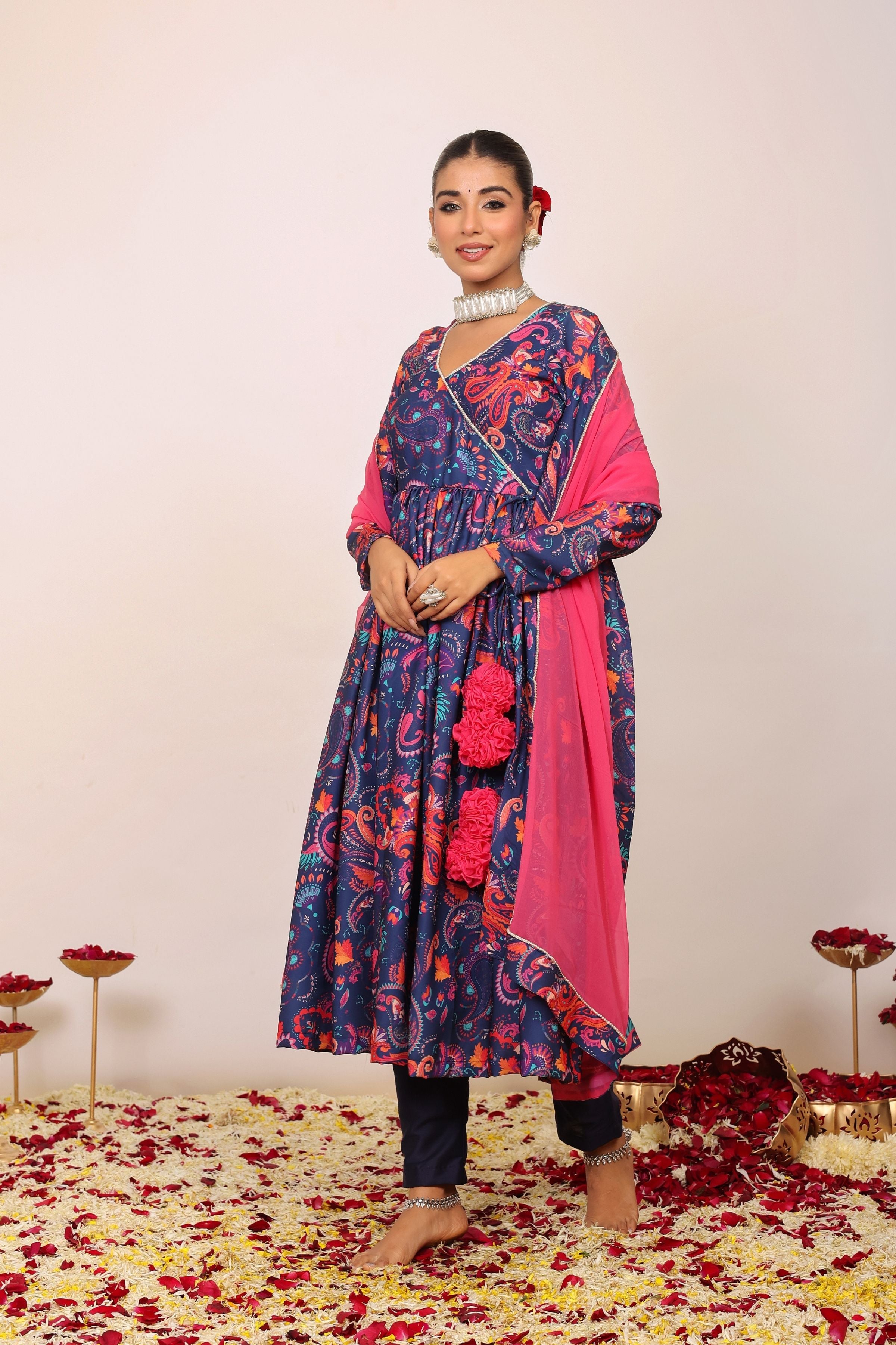 Floral Printed Multicolor Anarkali Kurta Set with V-Neckline Paired With Pant and Pink Dupatta - Kaoribyshreya