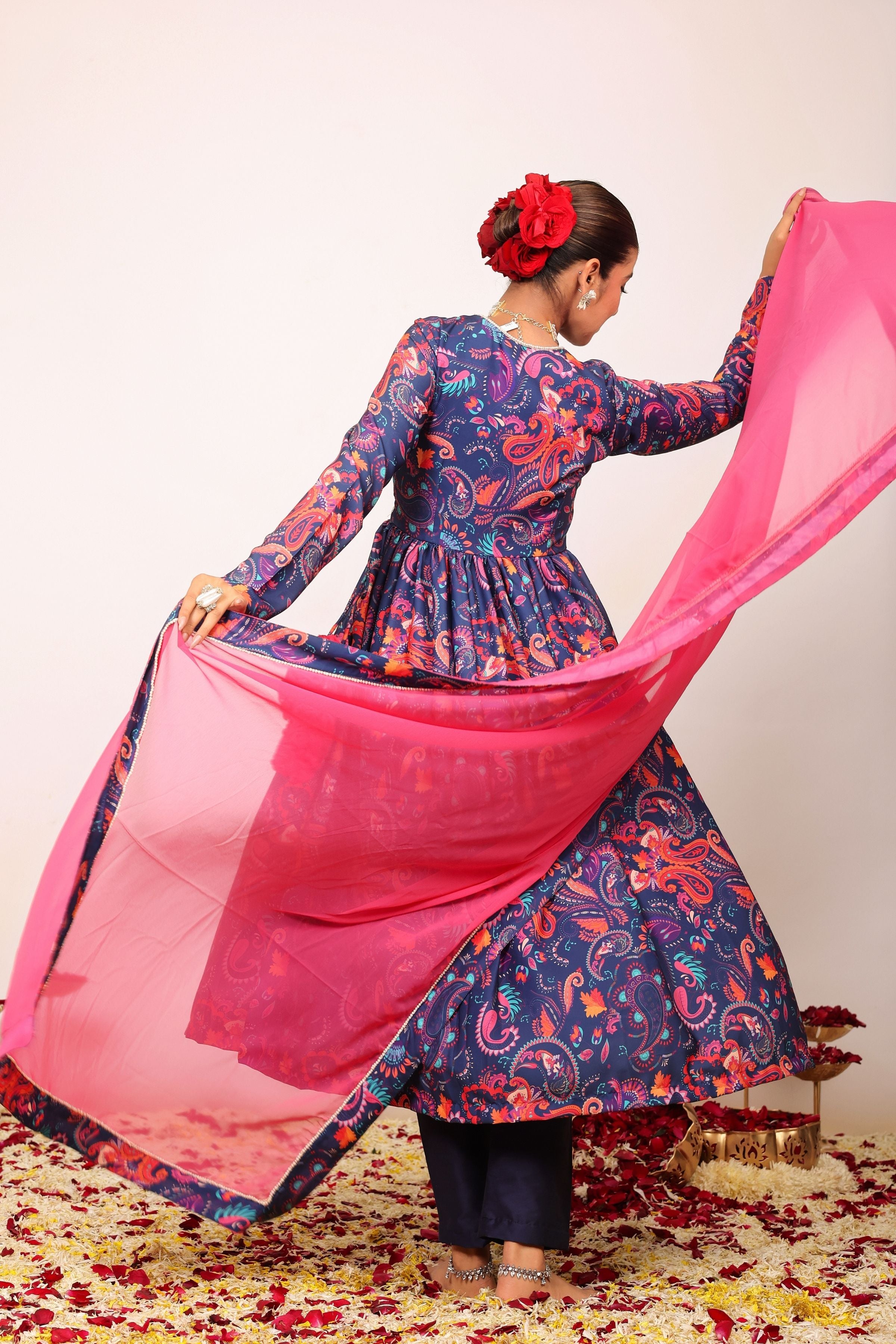 Floral Printed Multicolor Anarkali Kurta Set with V-Neckline Paired With Pant and Pink Dupatta - Kaoribyshreya