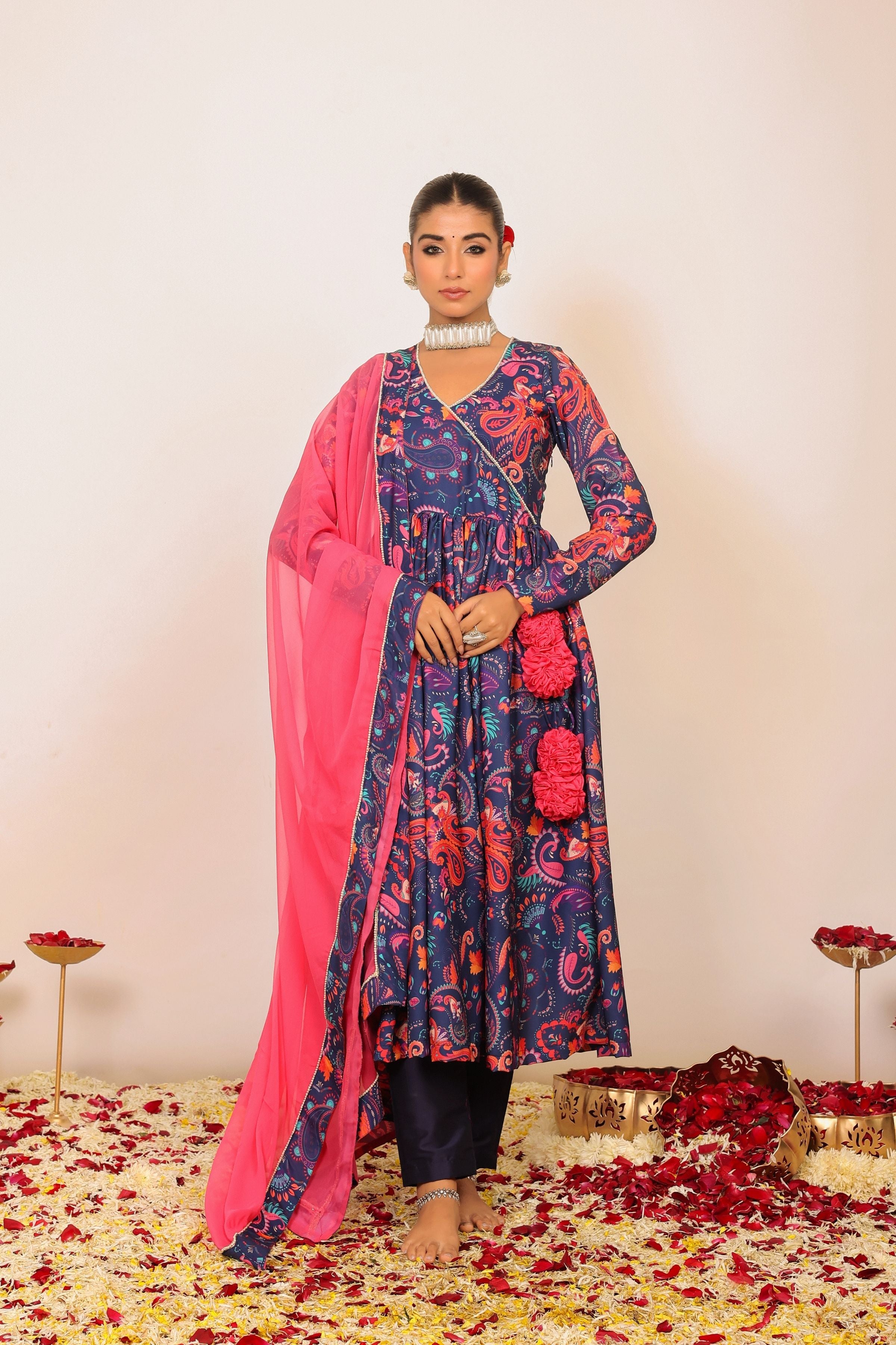 Floral Printed Multicolor Anarkali Kurta Set with V-Neckline Paired With Pant and Pink Dupatta - Kaoribyshreya