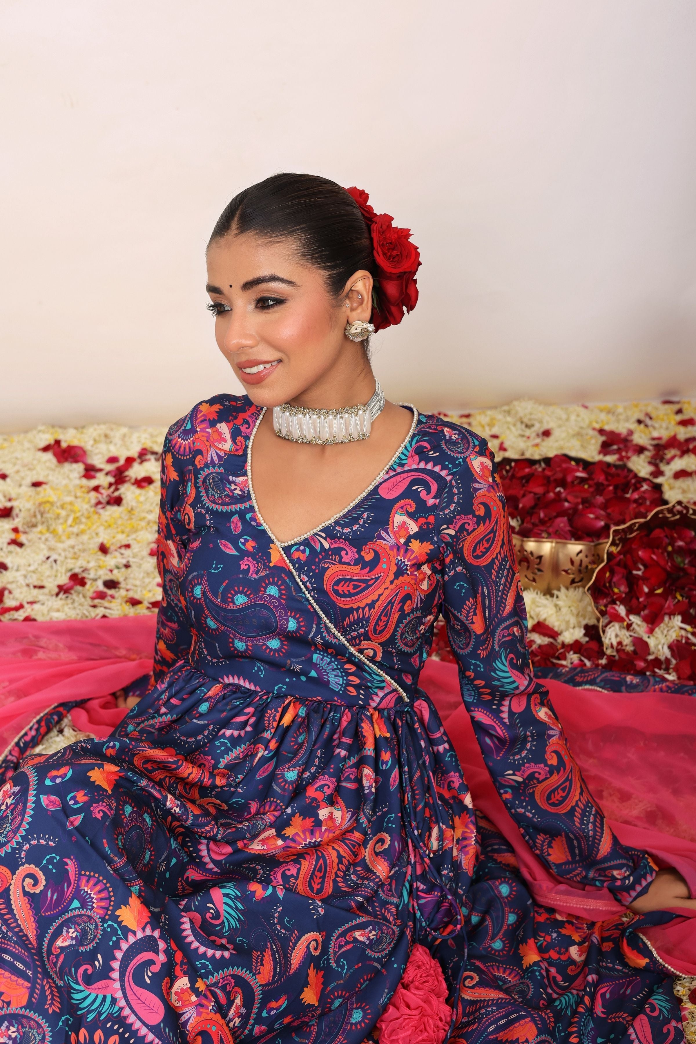 Floral Printed Multicolor Anarkali Kurta Set with V-Neckline Paired With Pant and Pink Dupatta - Kaoribyshreya