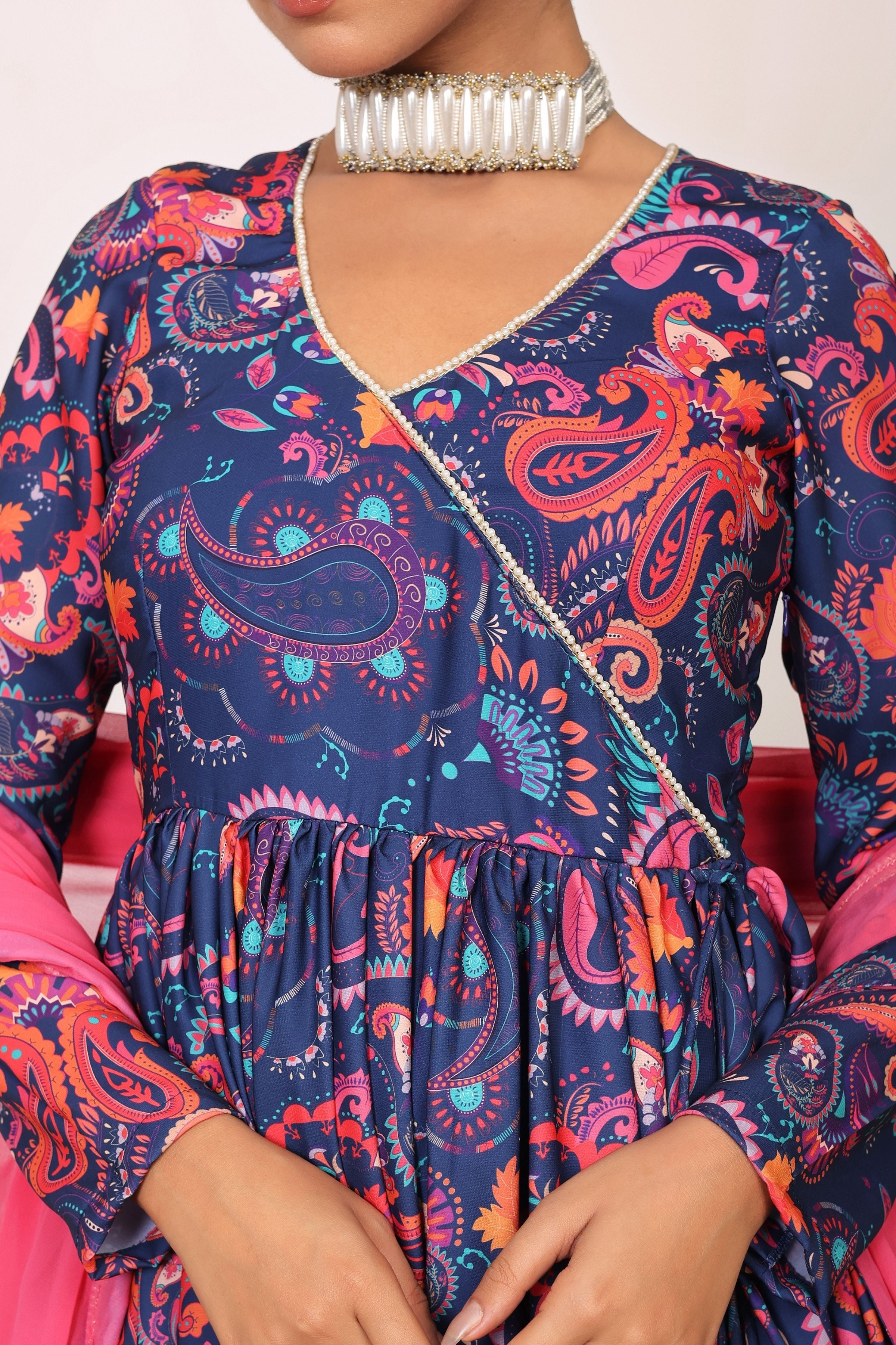 Floral Printed Multicolor Anarkali Kurta Set with V-Neckline Paired With Pant and Pink Dupatta - Kaoribyshreya