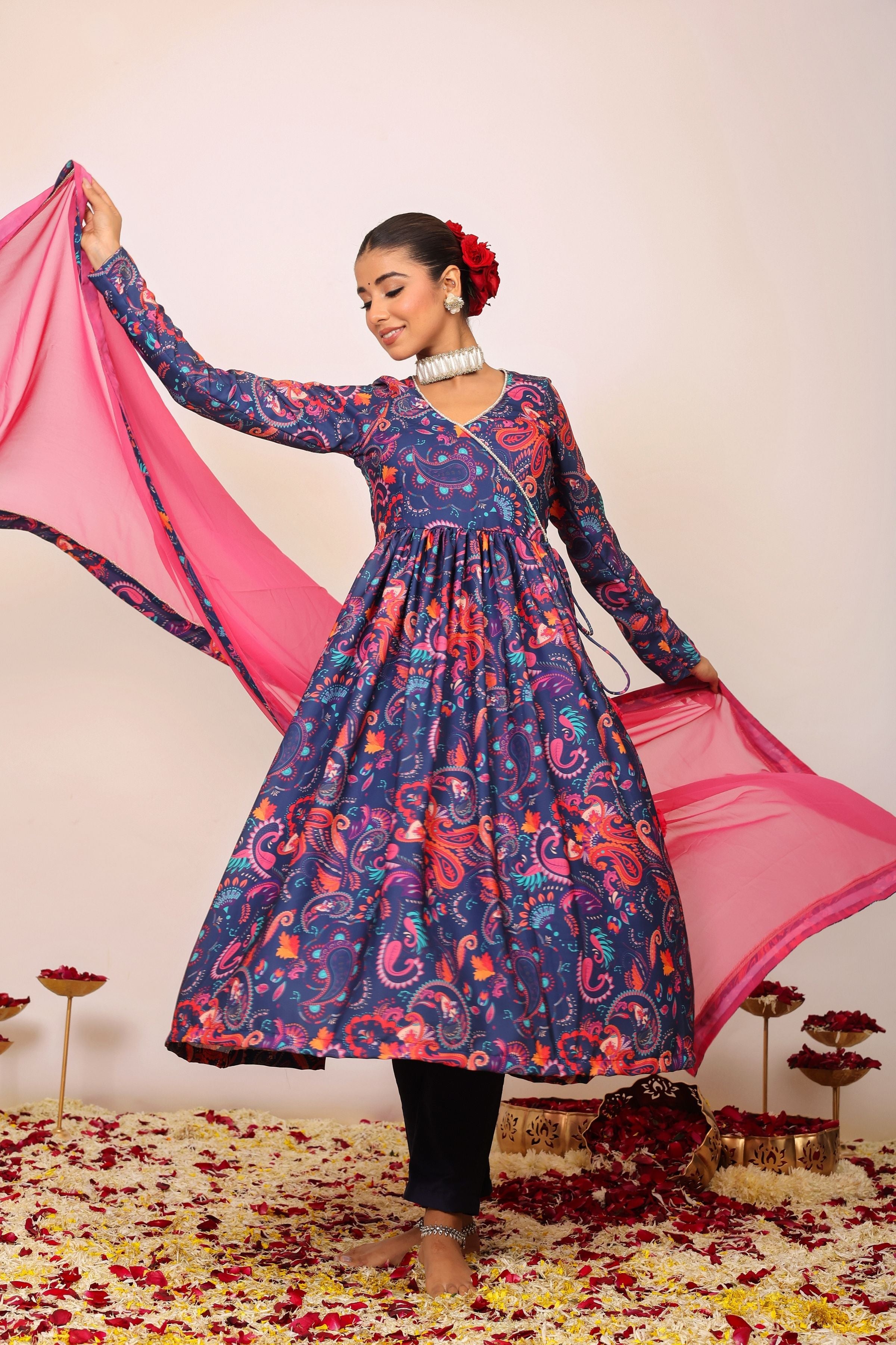 Floral Printed Multicolor Anarkali Kurta Set with V-Neckline Paired With Pant and Pink Dupatta - Kaoribyshreya