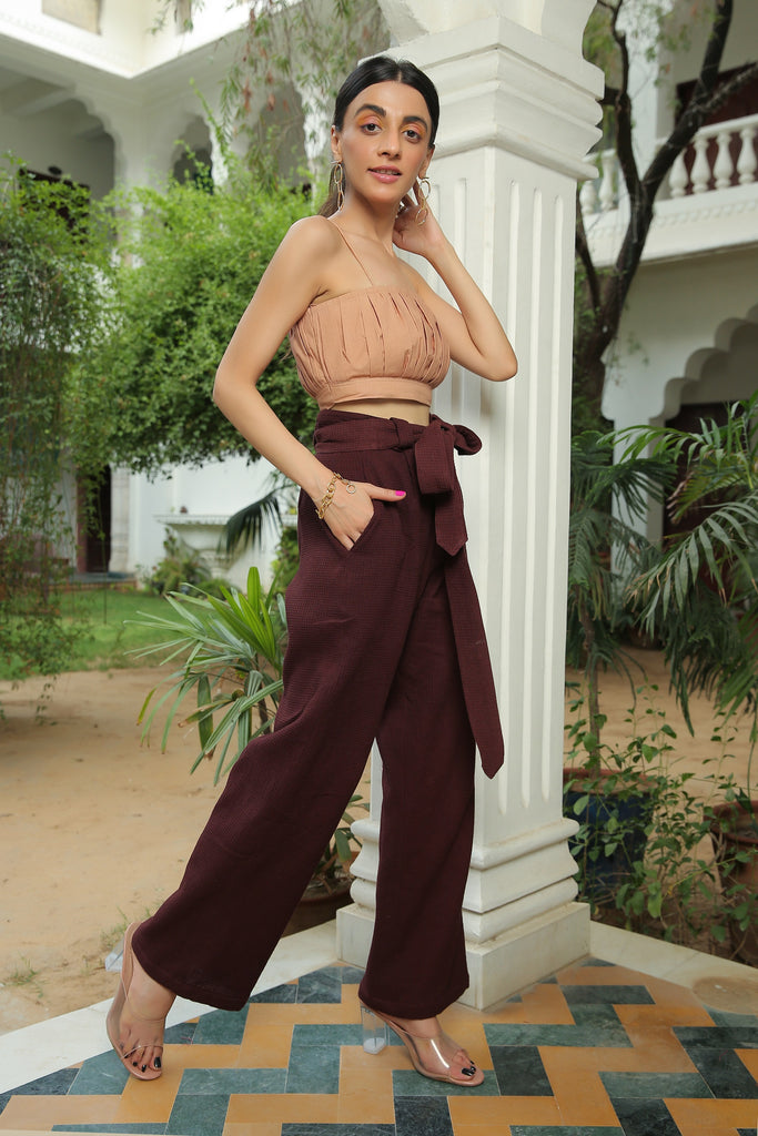 APRICOT ICE PLEATED TOP WITH COFFEE BROWN WAFFLE COTTON PANT SET