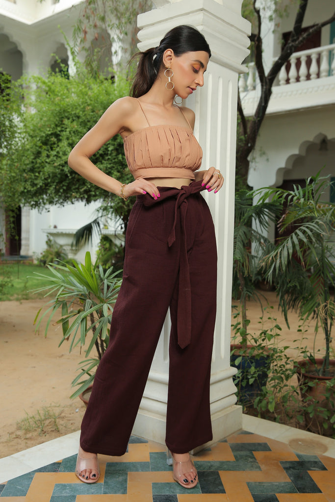 APRICOT ICE PLEATED TOP WITH COFFEE BROWN WAFFLE COTTON PANT SET