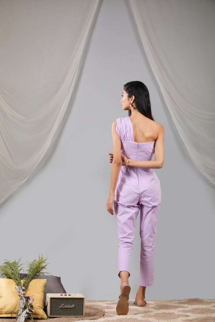 Pastel lilac one shoulder waist tie up jumpsuit