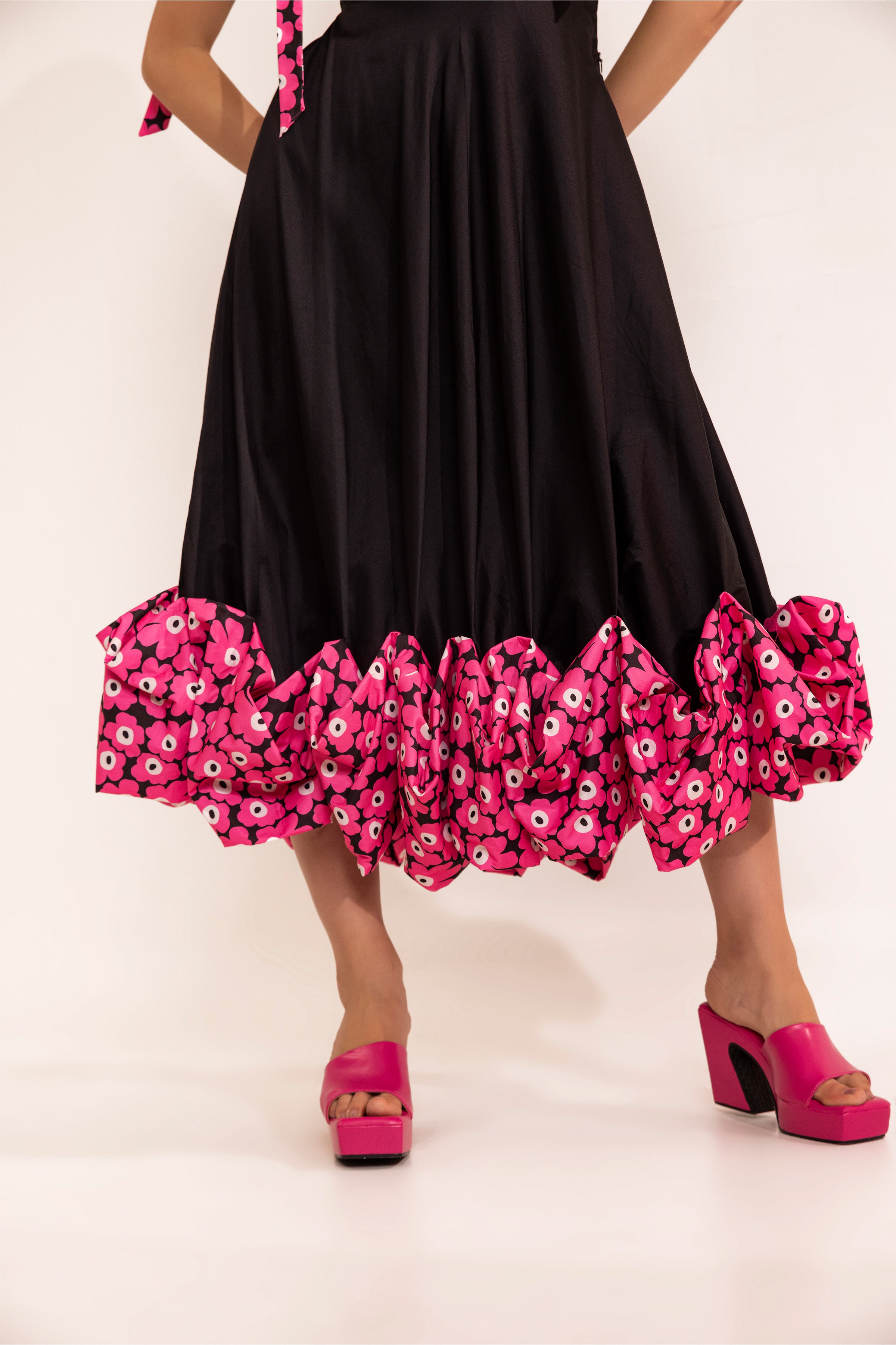 Black beauty maxi dress with 3d pink flower detail