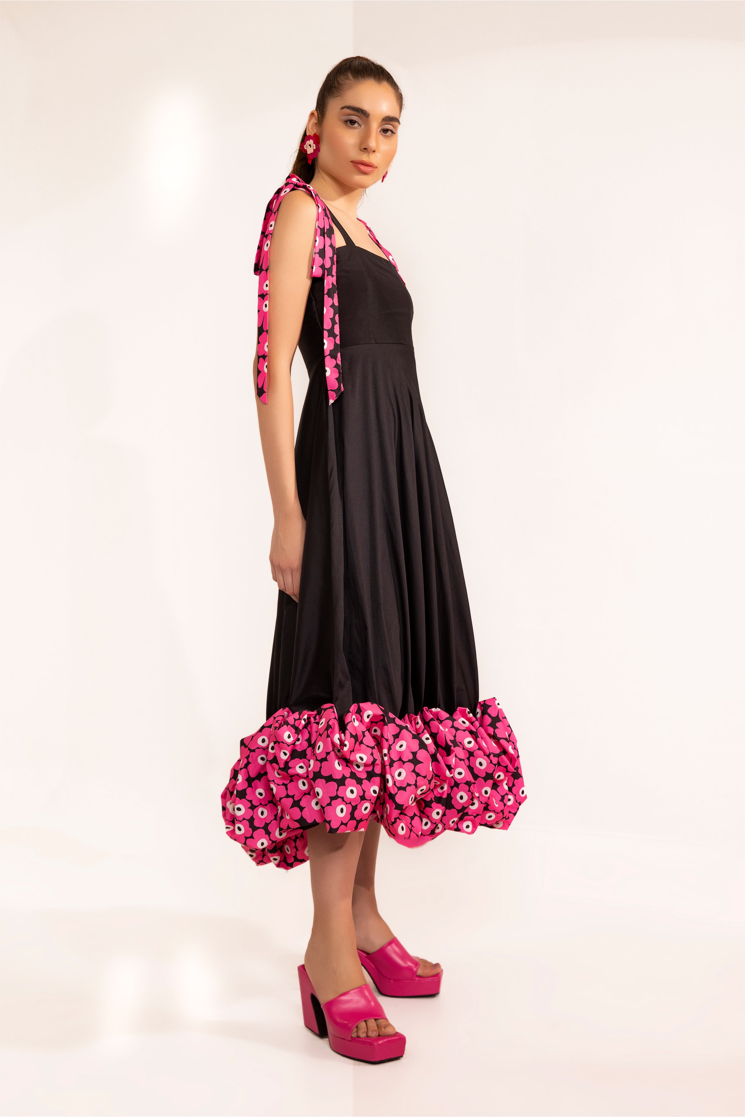 Black beauty maxi dress with 3d pink flower detail