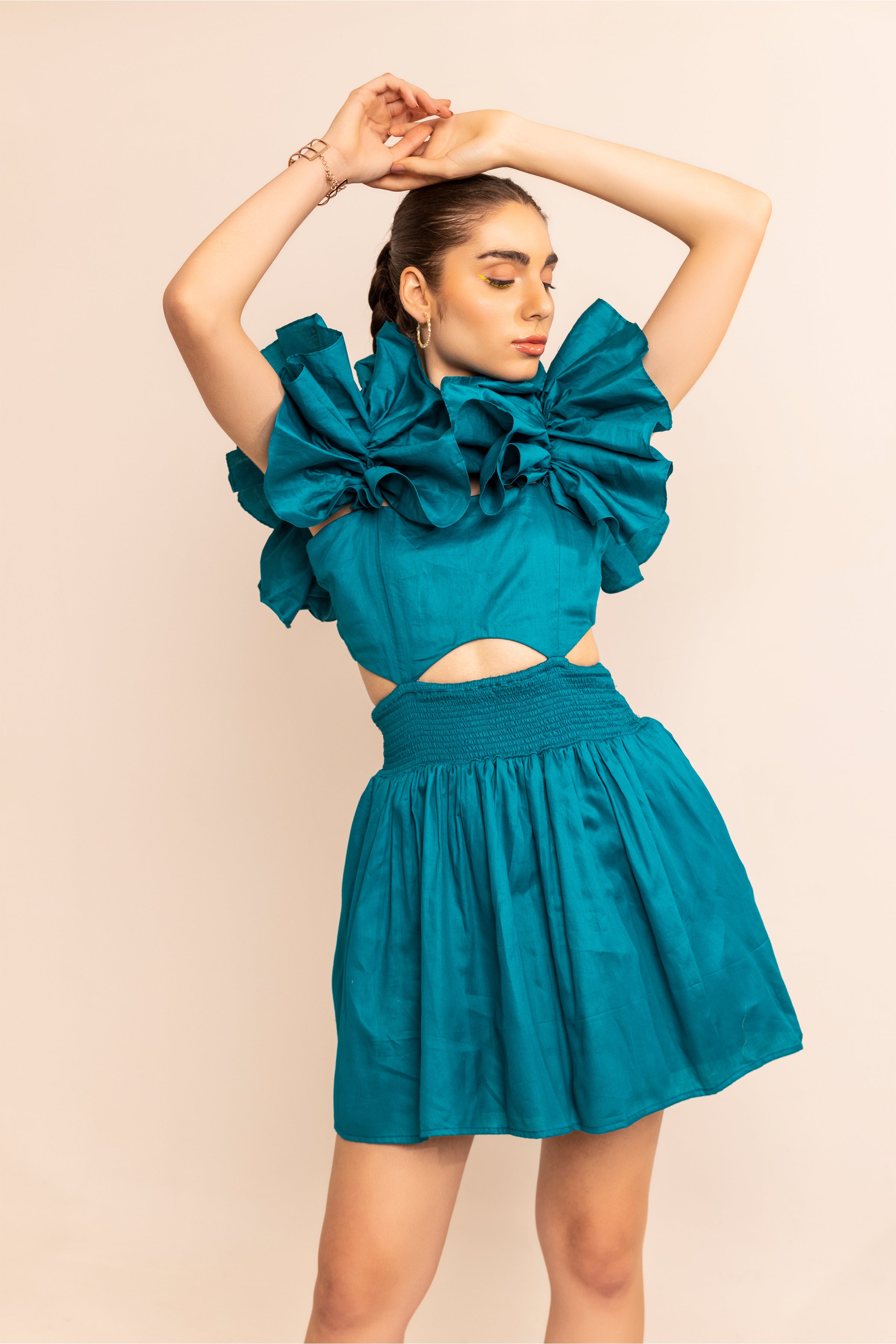 Aqua splash shoulder ruffle with front waist cut out skater dress