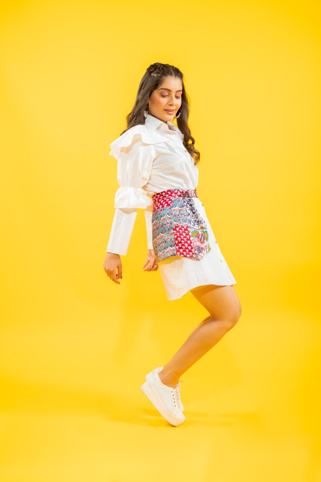 White cotton shirt ruffled drama sleeves dress with detachable printed skirt