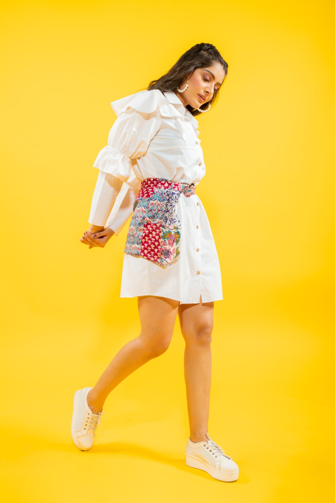 White cotton shirt ruffled drama sleeves dress with detachable printed skirt