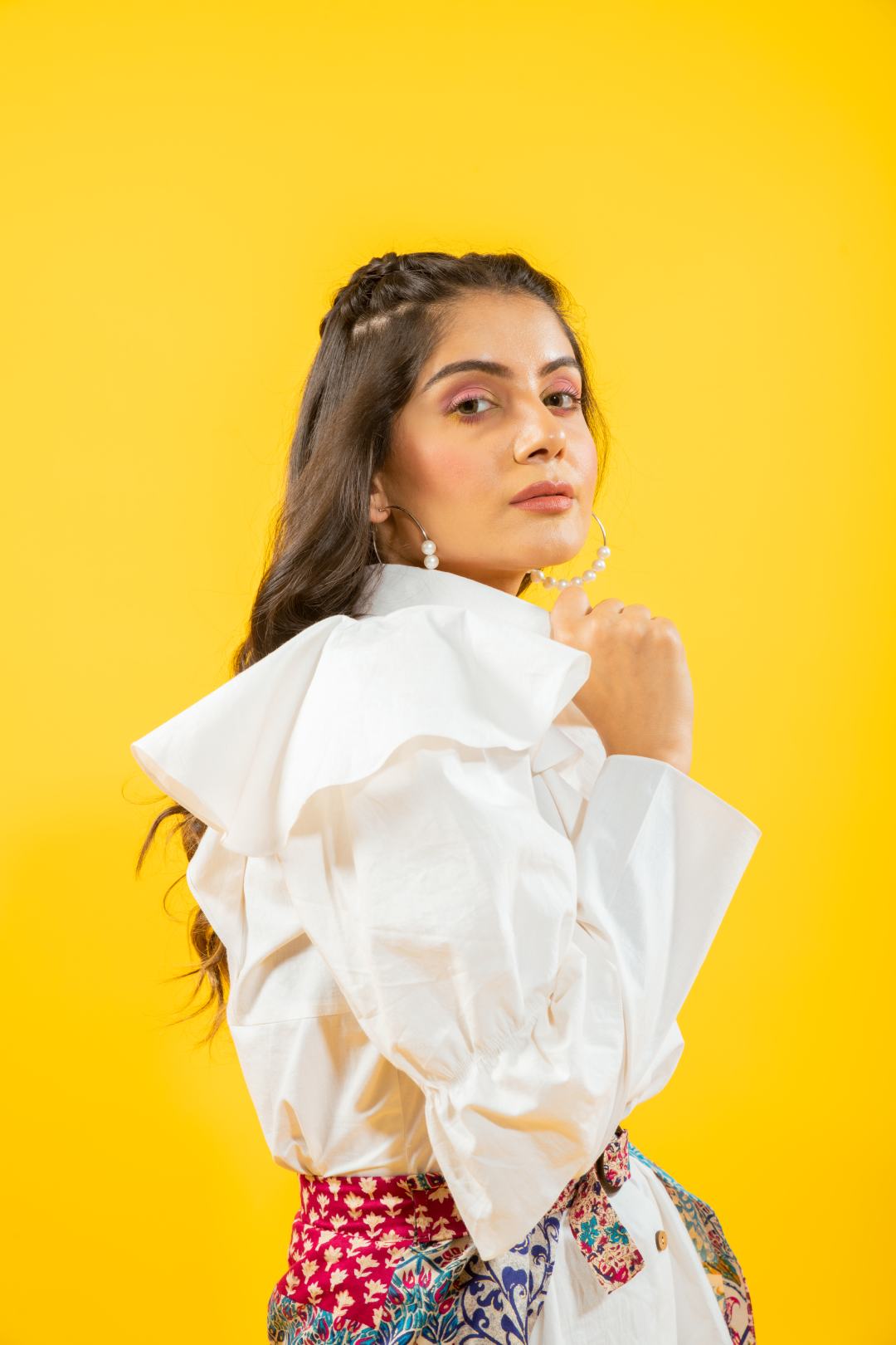 White cotton shirt ruffled drama sleeves dress with detachable printed skirt