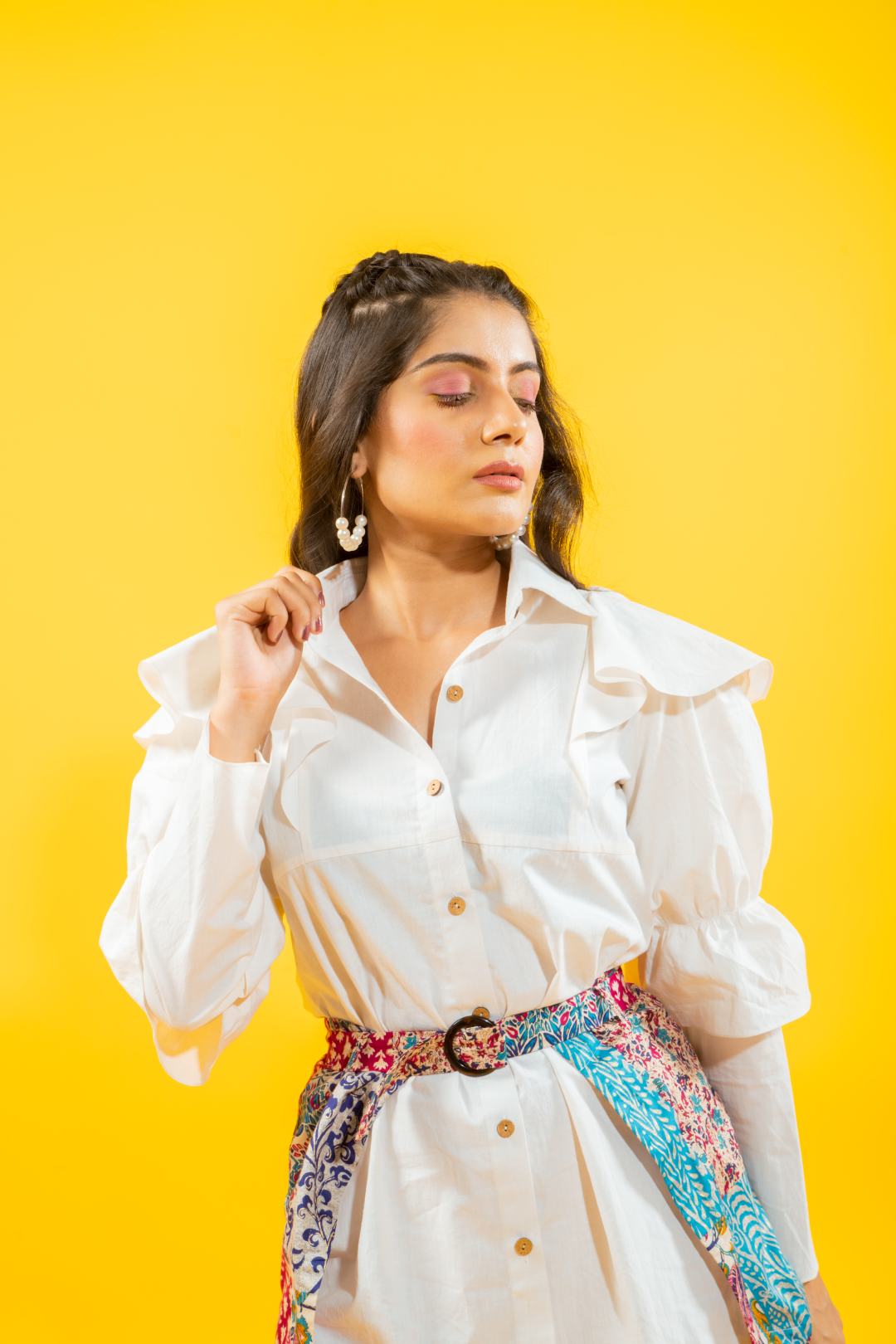 White cotton shirt ruffled drama sleeves dress with detachable printed skirt