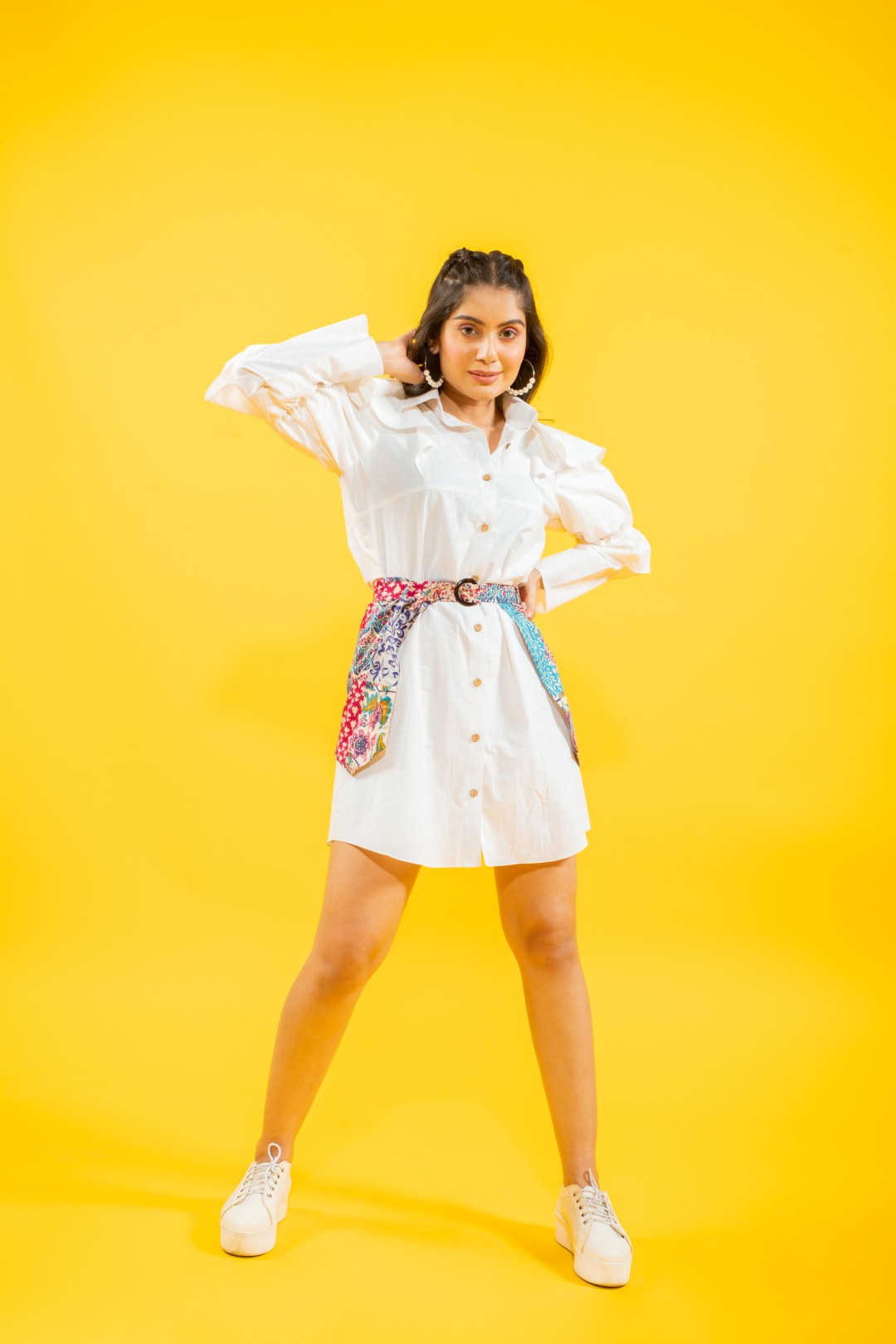 White cotton shirt ruffled drama sleeves dress with detachable printed skirt