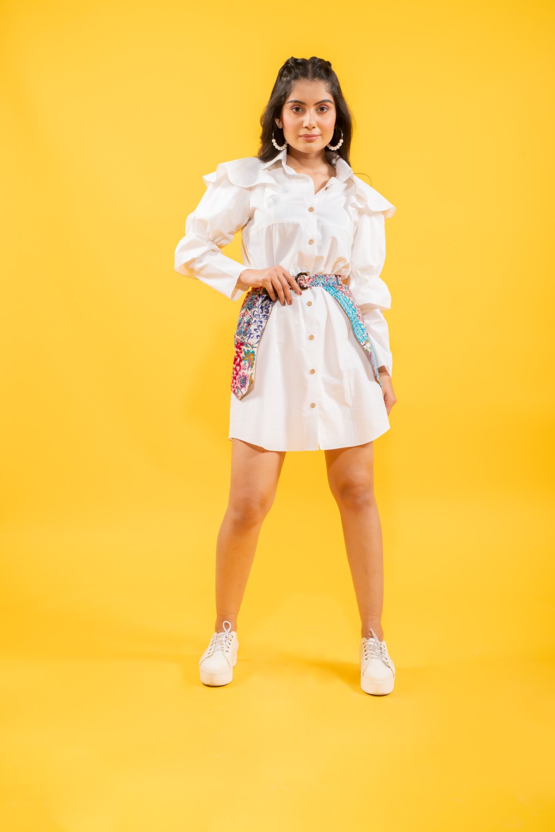 White cotton shirt ruffled drama sleeves dress with detachable printed skirt