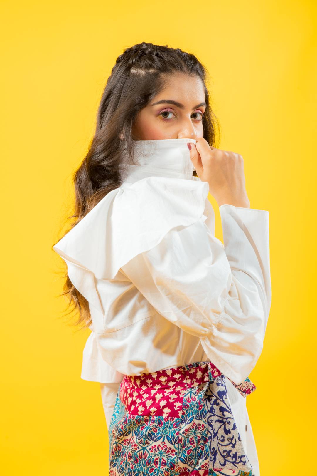 White cotton shirt ruffled drama sleeves dress with detachable printed skirt