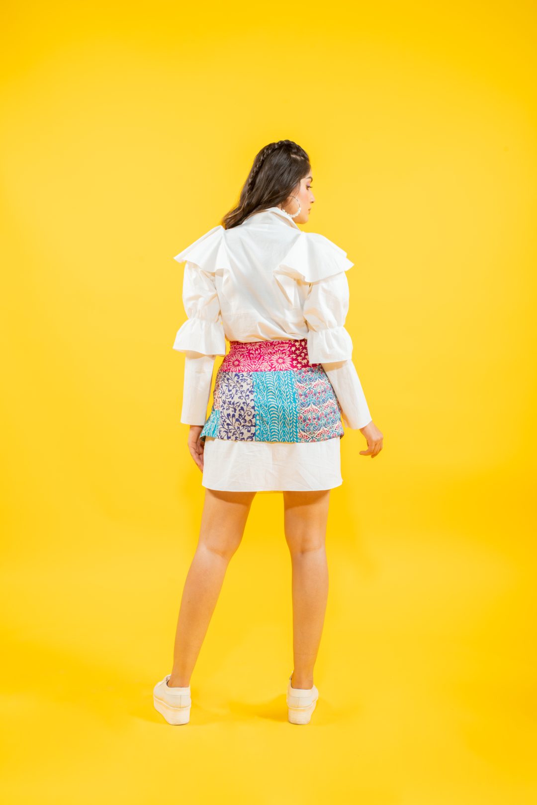 White cotton shirt ruffled drama sleeves dress with detachable printed skirt