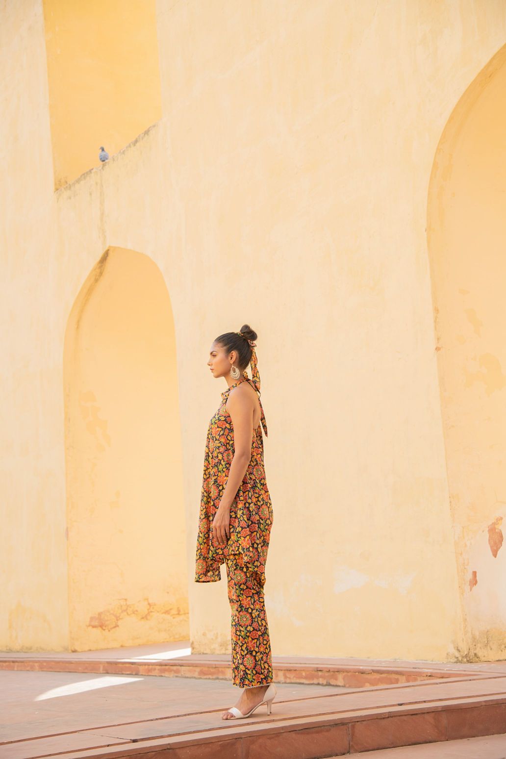 Evening Blue Halter Neck Kurta with Flared Pants