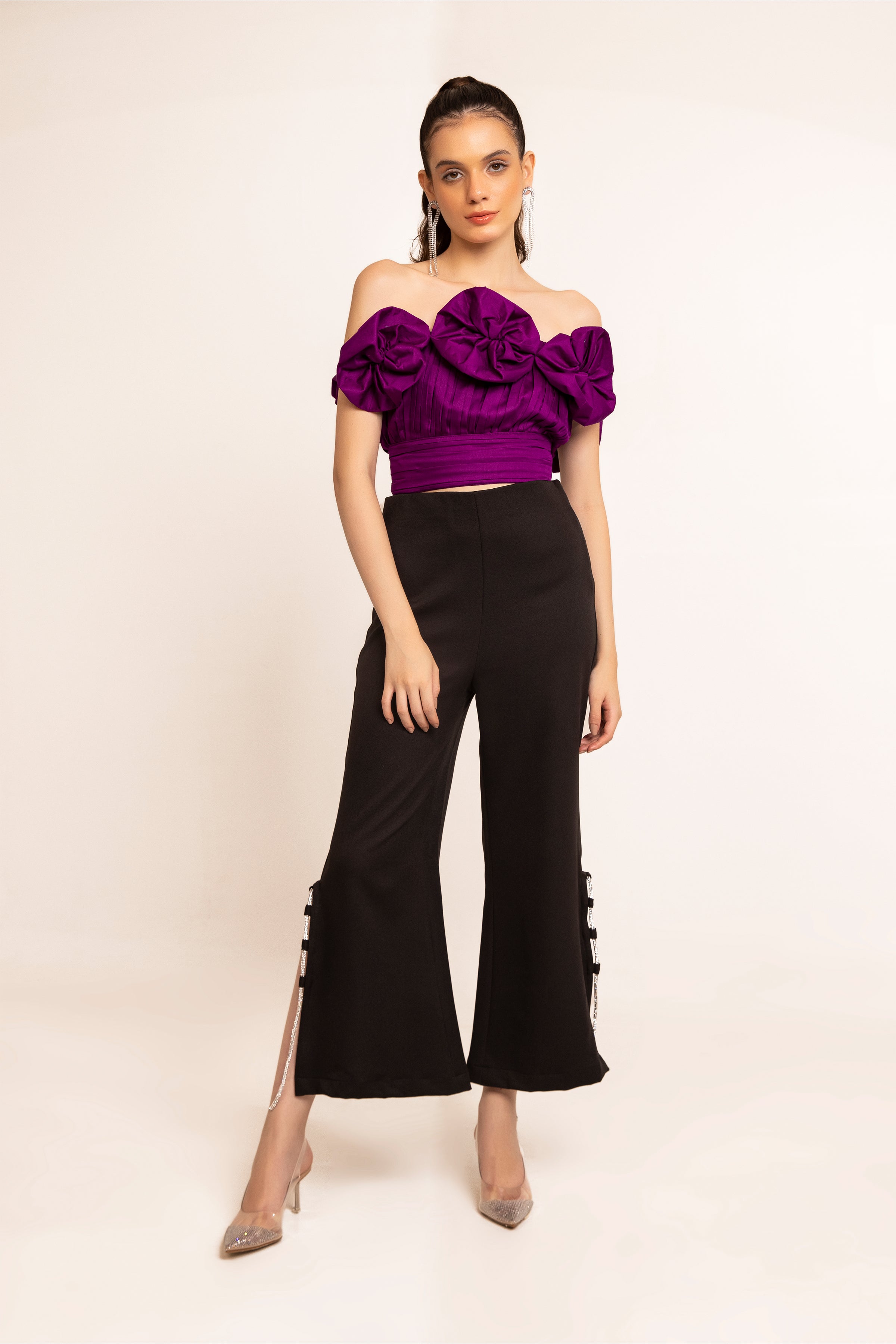 Imperial purple off shoulder flower top