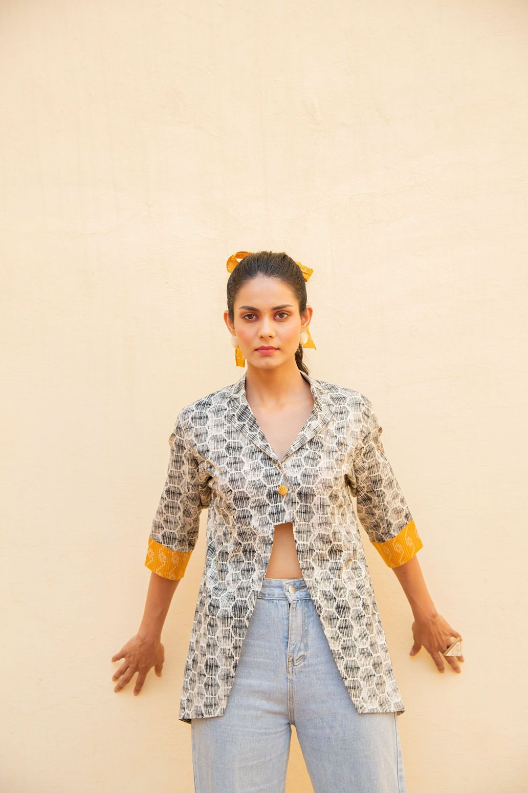 White Crop Shirt With Signal Yellow Cuff
