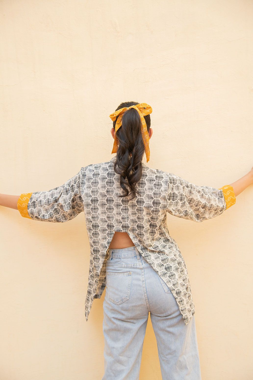 White Crop Shirt With Signal Yellow Cuff